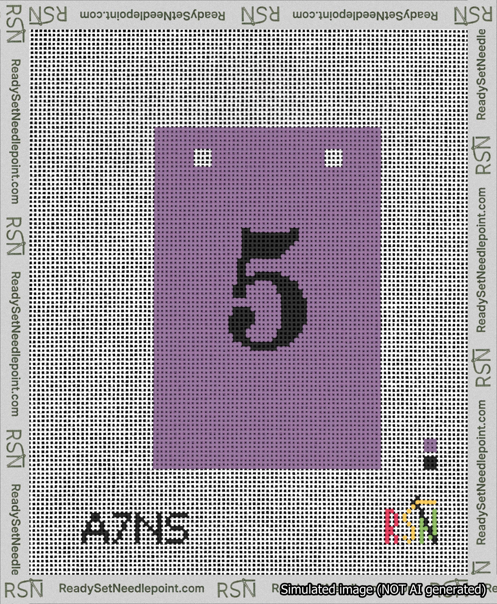 A taped needlepoint canvas with the design: Banner 13 mesh count Squared 5 Black on Purple.