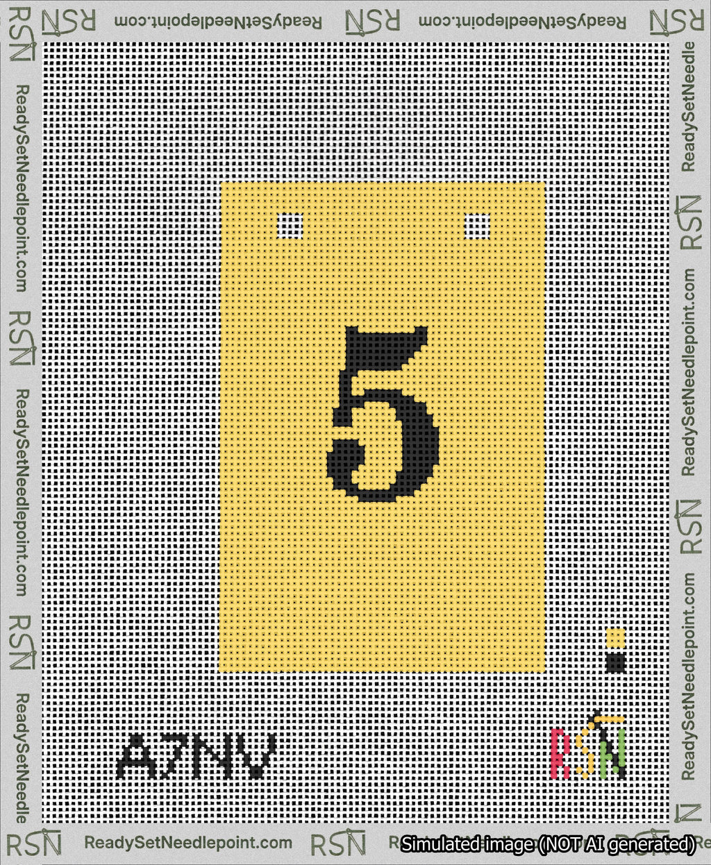 A taped needlepoint canvas with the design: Banner 13 mesh count Squared 5 Black on Yellow.