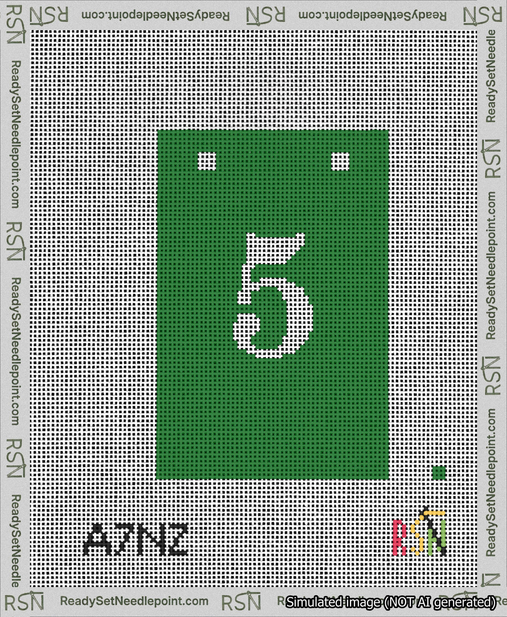 A taped needlepoint canvas with the design: Banner 13 mesh count Squared 5 White on Green.