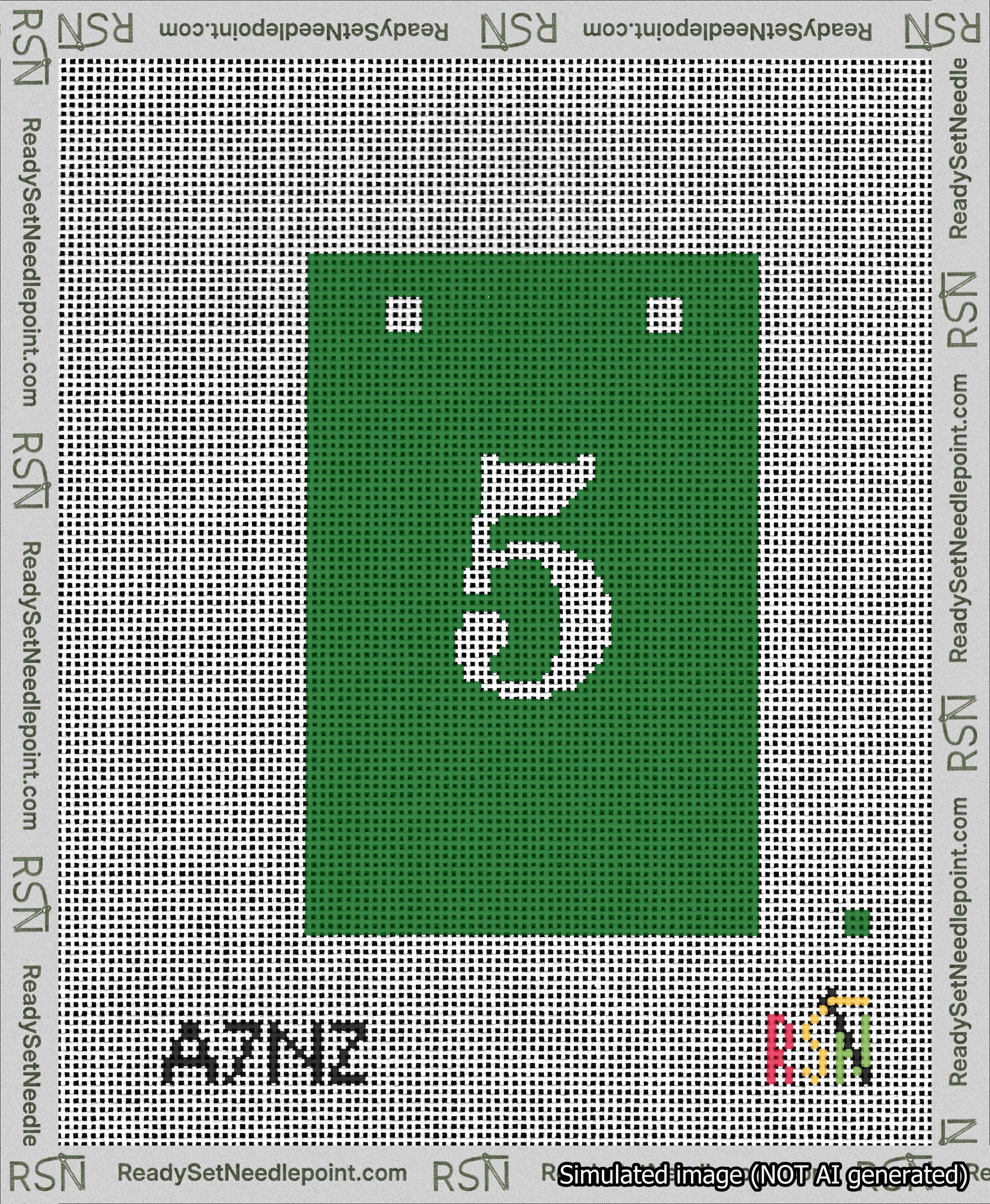 A taped needlepoint canvas with the design: Banner 13 mesh count Squared 5 White on Green.