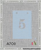A taped needlepoint canvas with the design: Banner 13 mesh count Squared 5 White on Light Blue.
