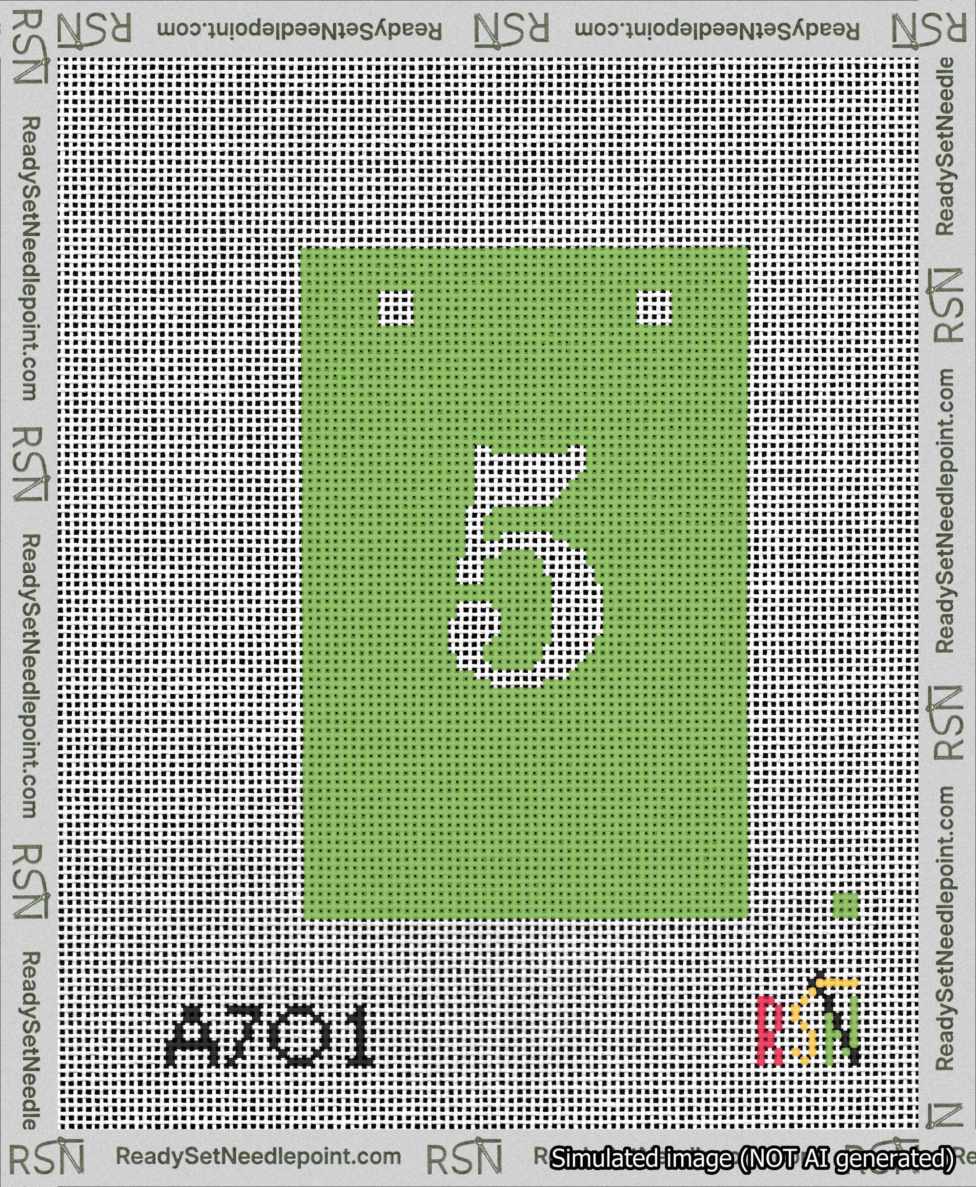 A taped needlepoint canvas with the design: Banner 13 mesh count Squared 5 White on Light Green.