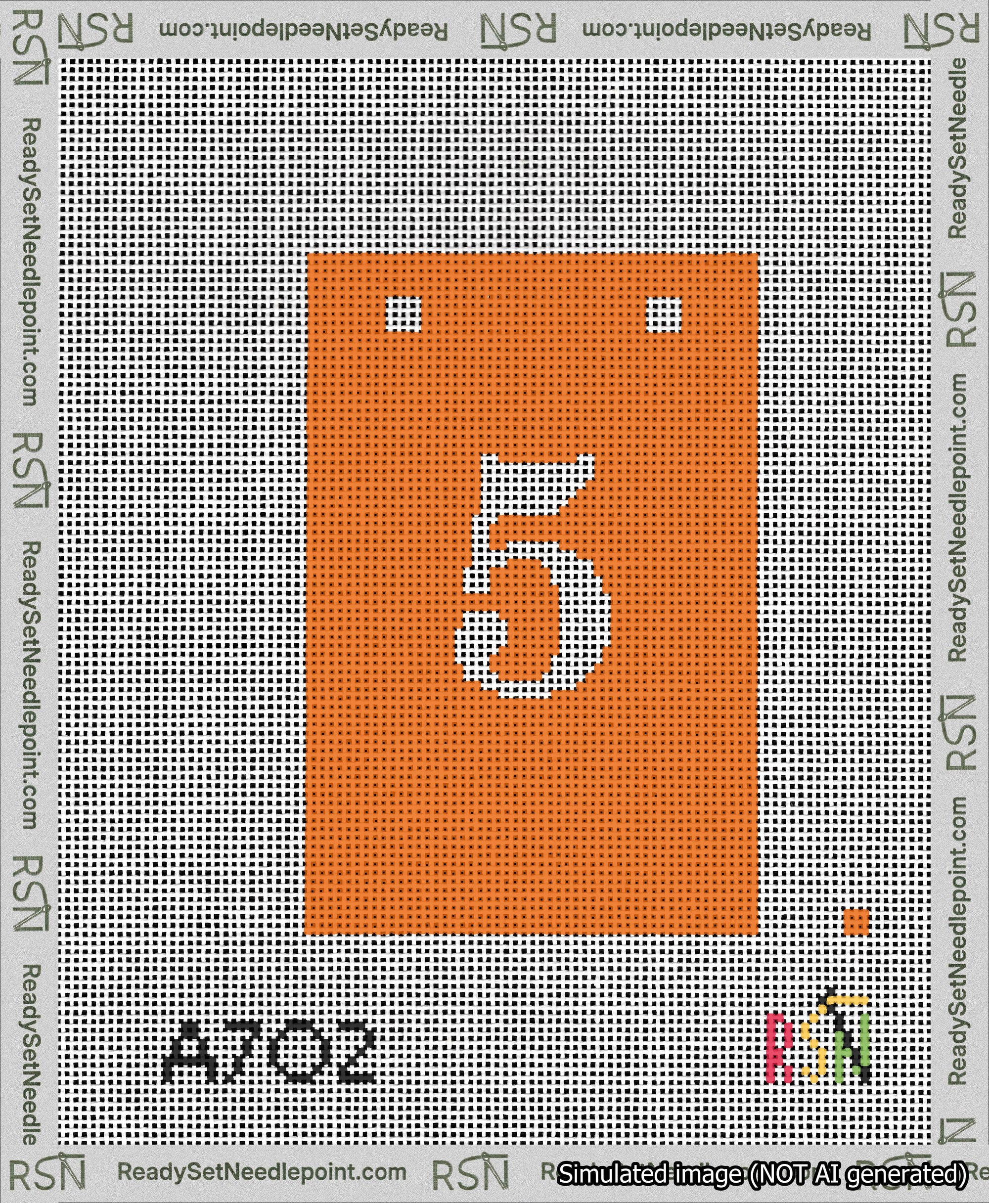 A taped needlepoint canvas with the design: Banner 13 mesh count Squared 5 White on Orange.