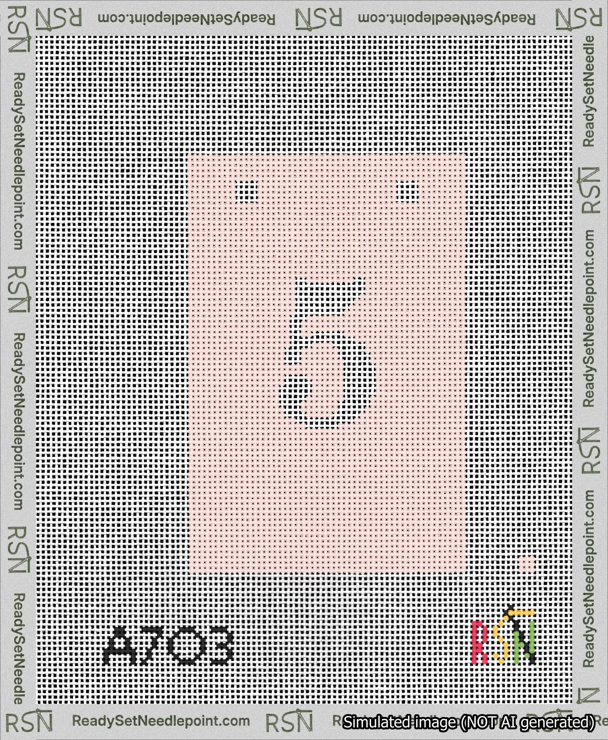 A taped needlepoint canvas with the design: Banner 13 mesh count Squared 5 White on Pink.