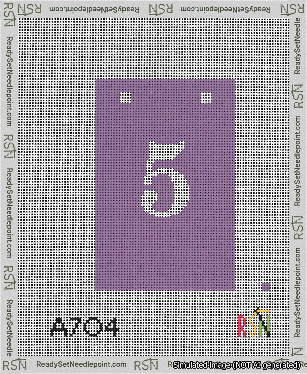 A taped needlepoint canvas with the design: Banner 13 mesh count Squared 5 White on Purple.