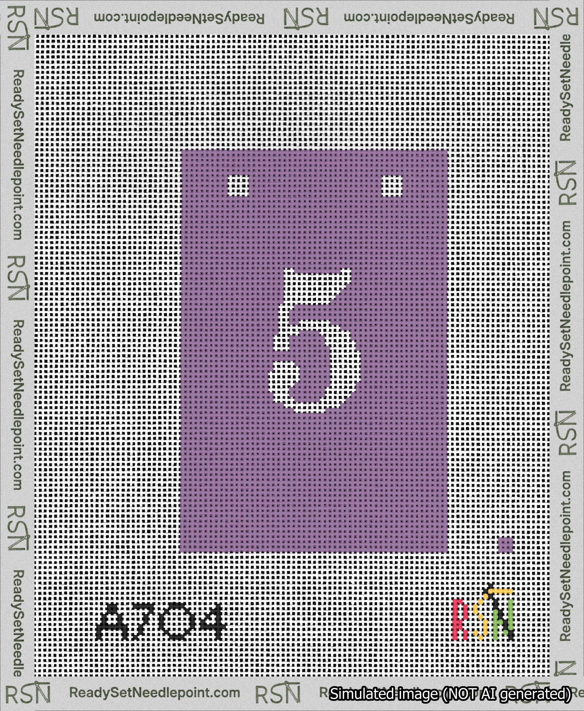 A taped needlepoint canvas with the design: Banner 13 mesh count Squared 5 White on Purple.