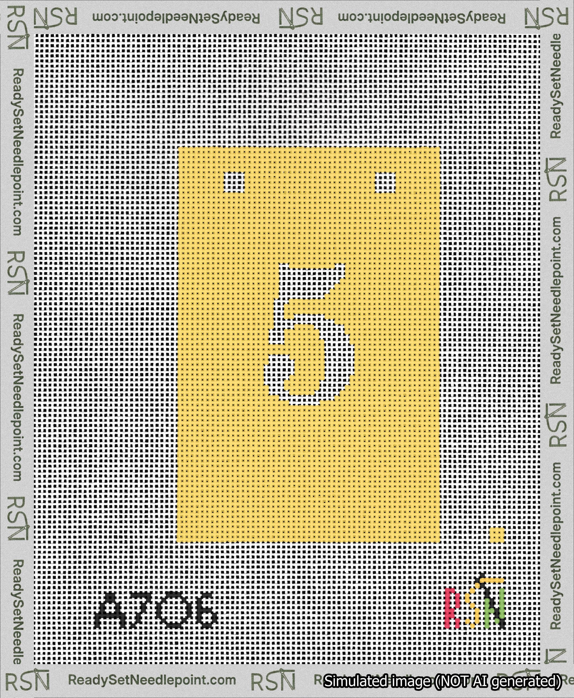 A taped needlepoint canvas with the design: Banner 13 mesh count Squared 5 White on Yellow.