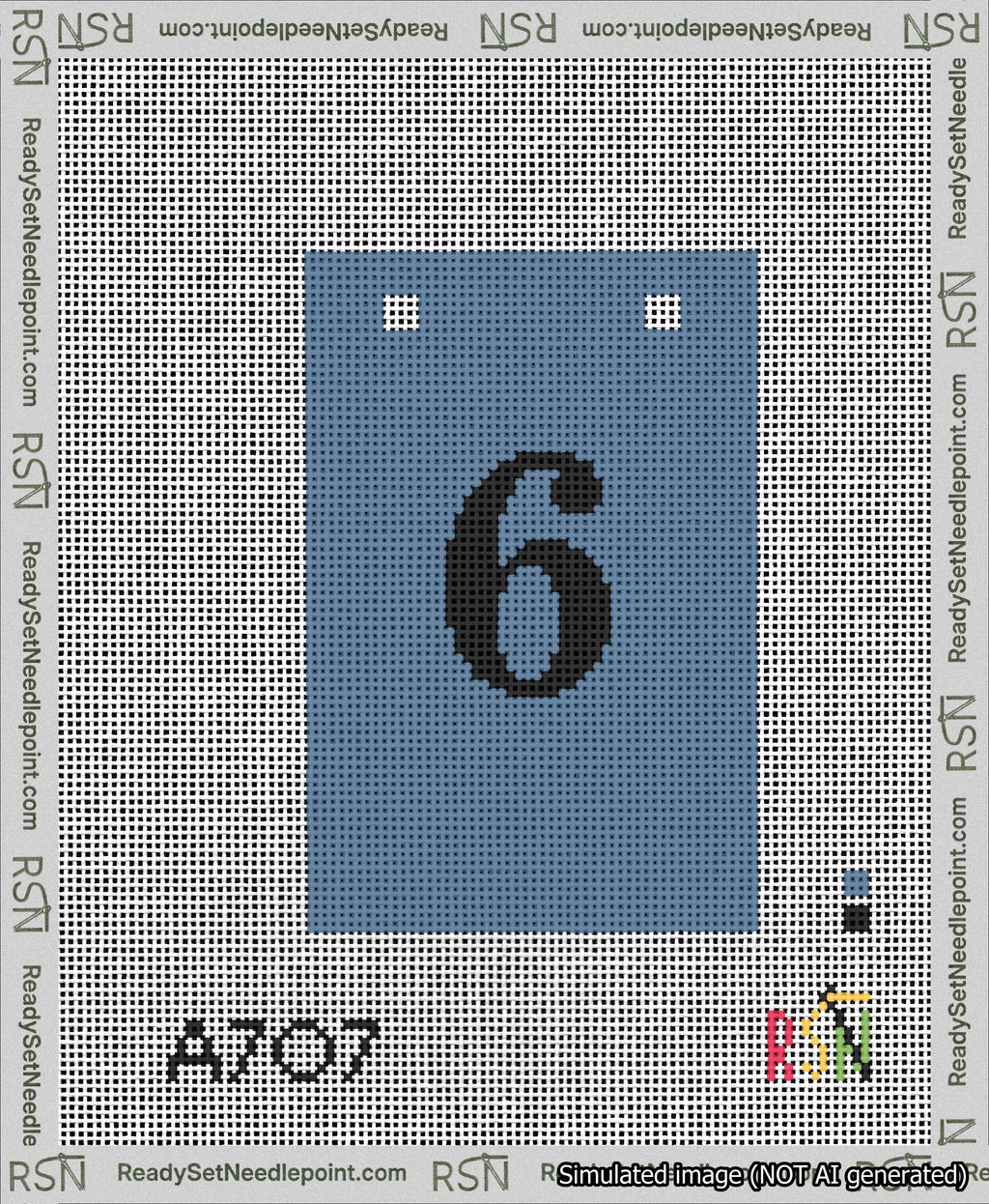 A taped needlepoint canvas with the design: Banner 13 mesh count Squared 6 Black on Blue.