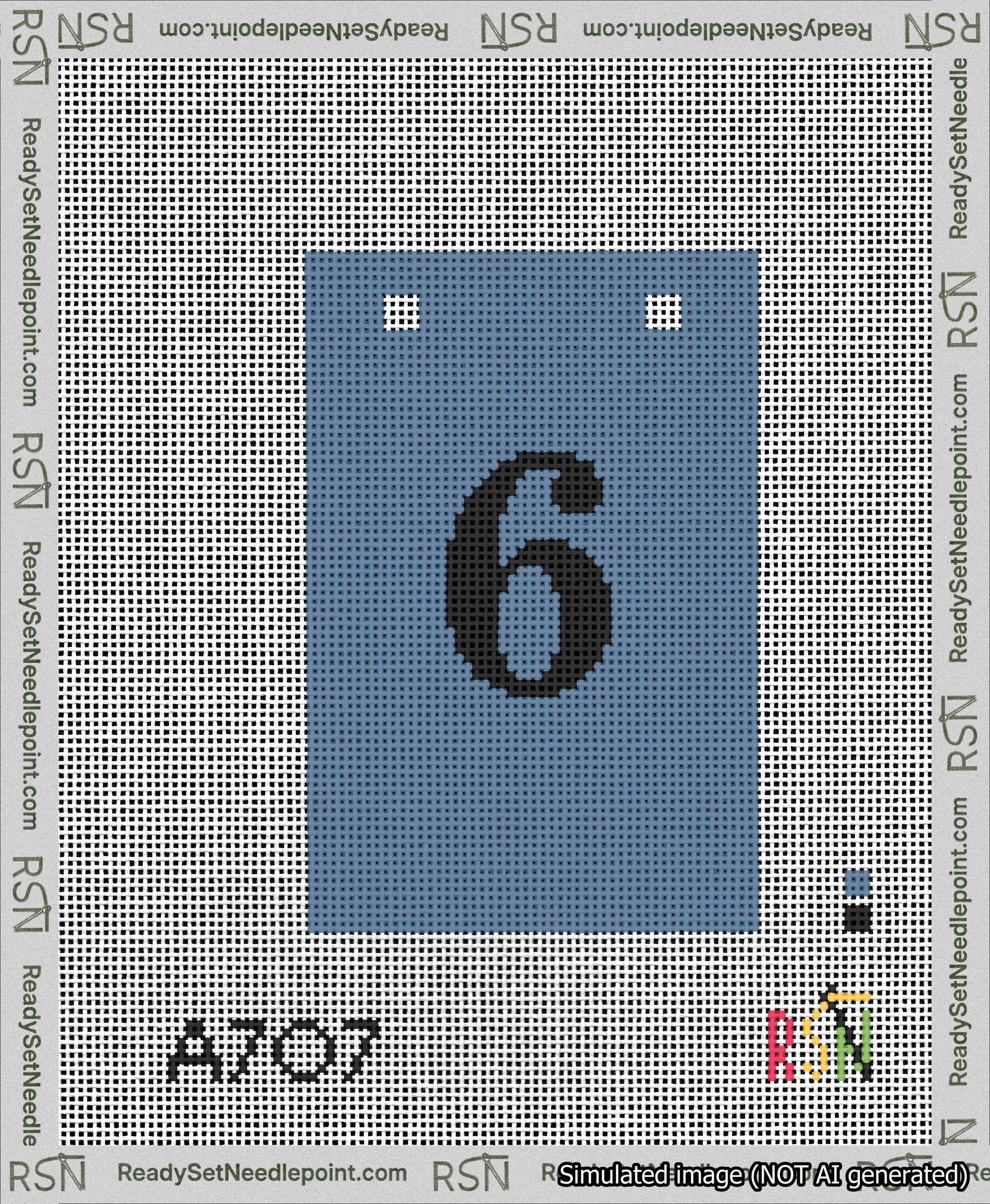 A taped needlepoint canvas with the design: Banner 13 mesh count Squared 6 Black on Blue.