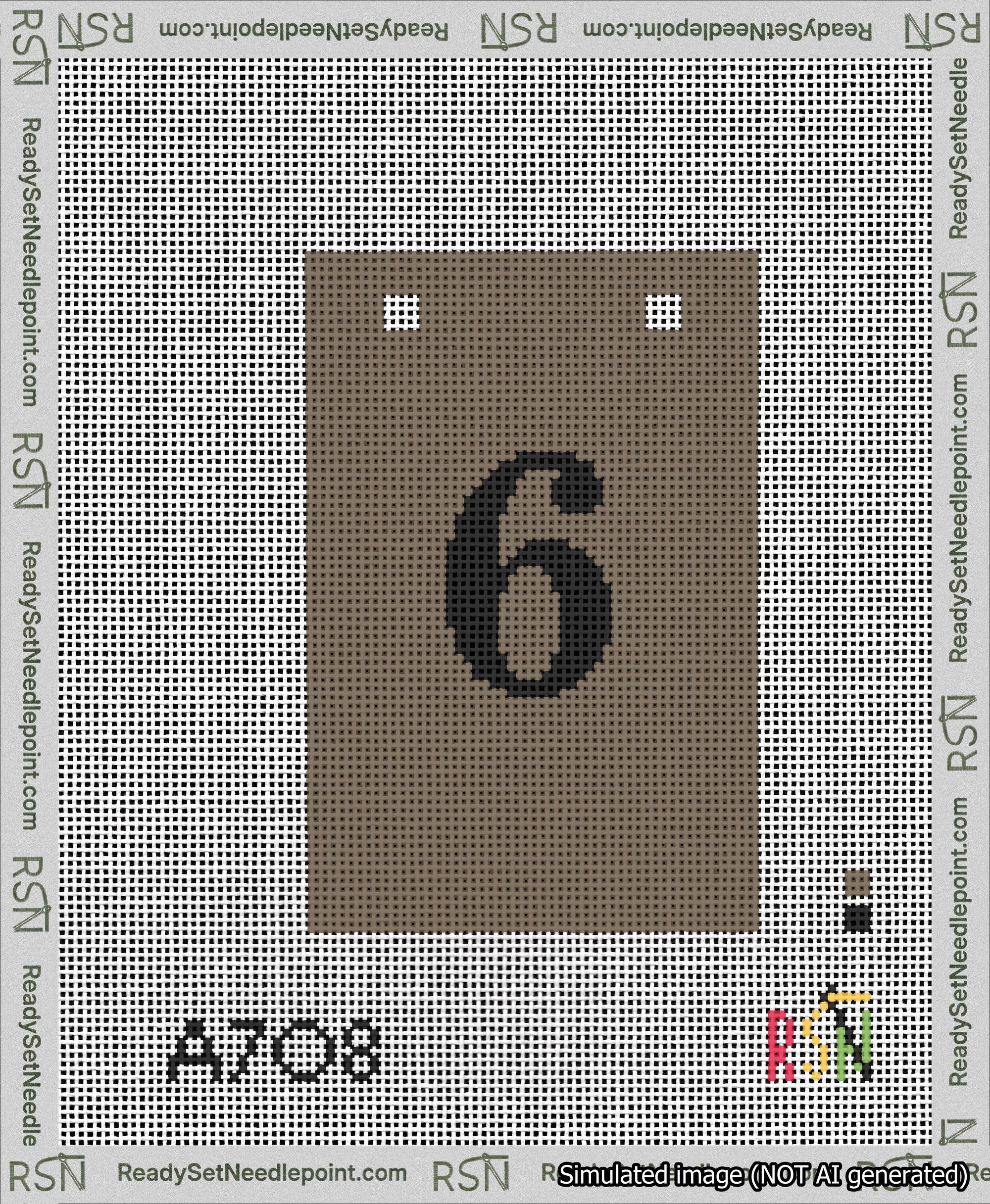 A taped needlepoint canvas with the design: Banner 13 mesh count Squared 6 Black on Brown.