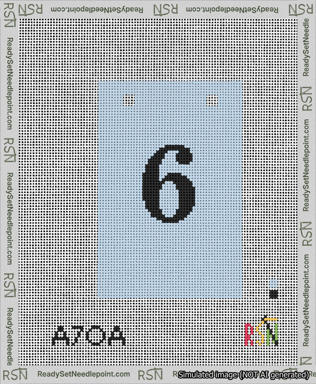 A taped needlepoint canvas with the design: Banner 13 mesh count Squared 6 Black on Light Blue.