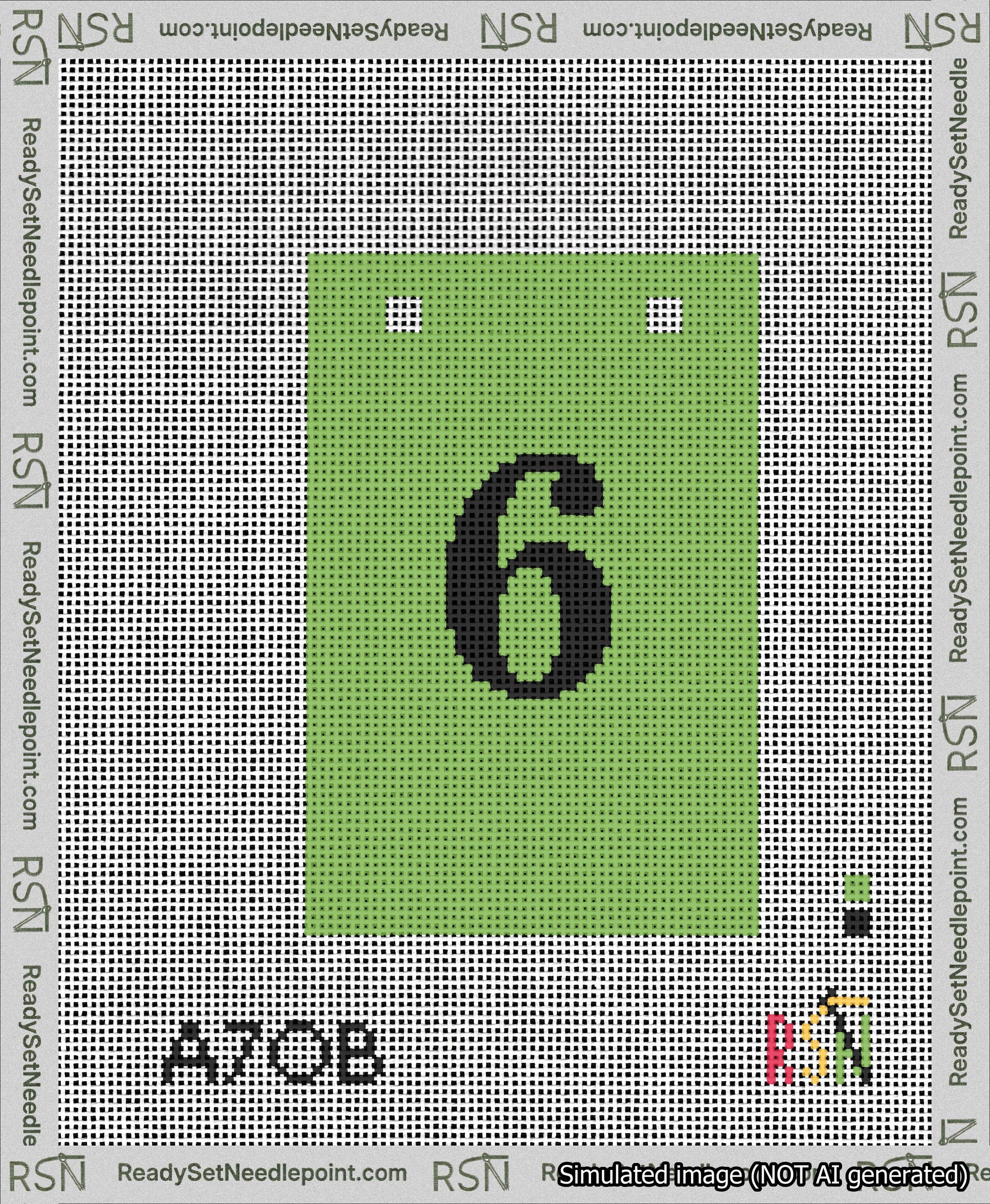 A taped needlepoint canvas with the design: Banner 13 mesh count Squared 6 Black on Light Green.