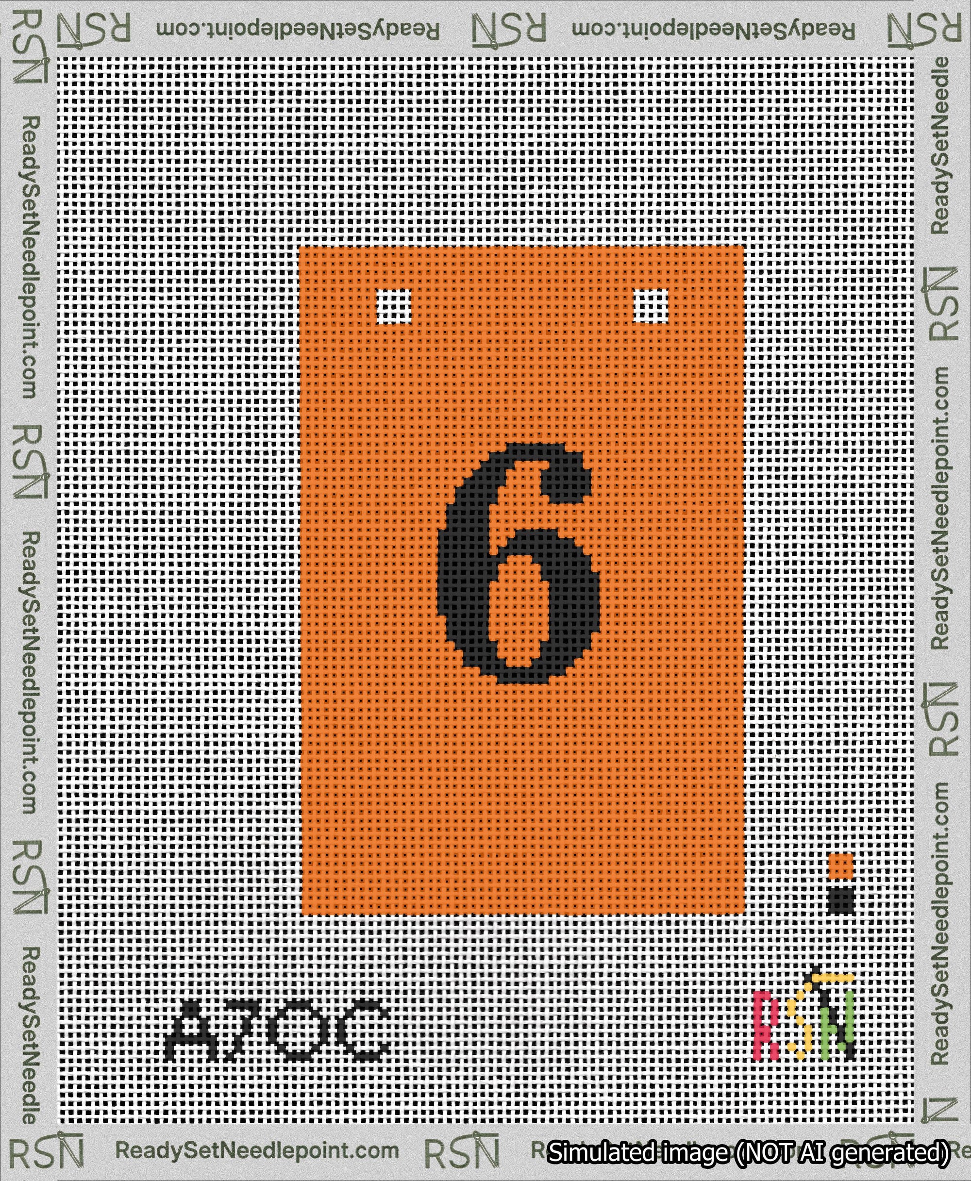 A taped needlepoint canvas with the design: Banner 13 mesh count Squared 6 Black on Orange.