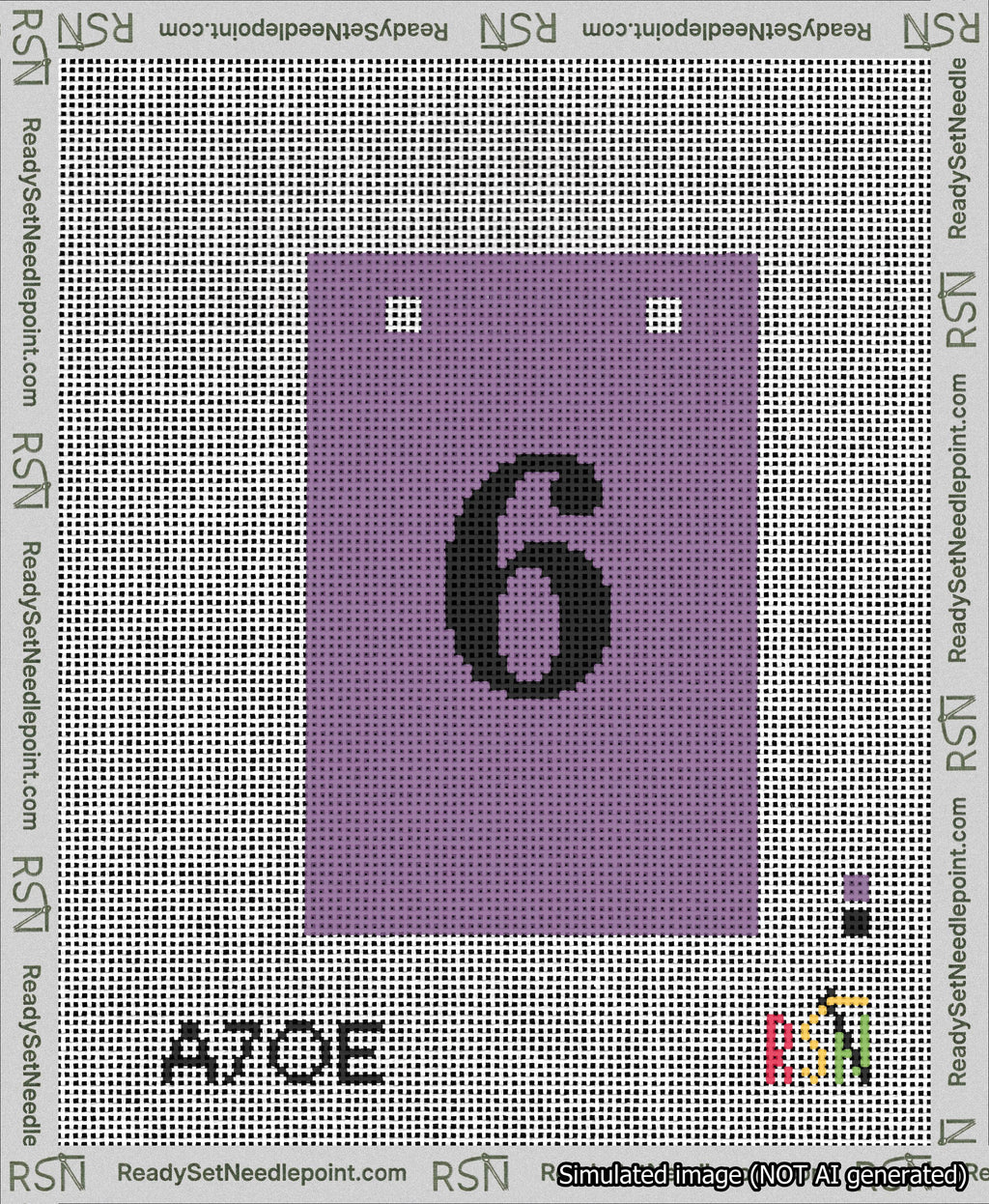 A taped needlepoint canvas with the design: Banner 13 mesh count Squared 6 Black on Purple.