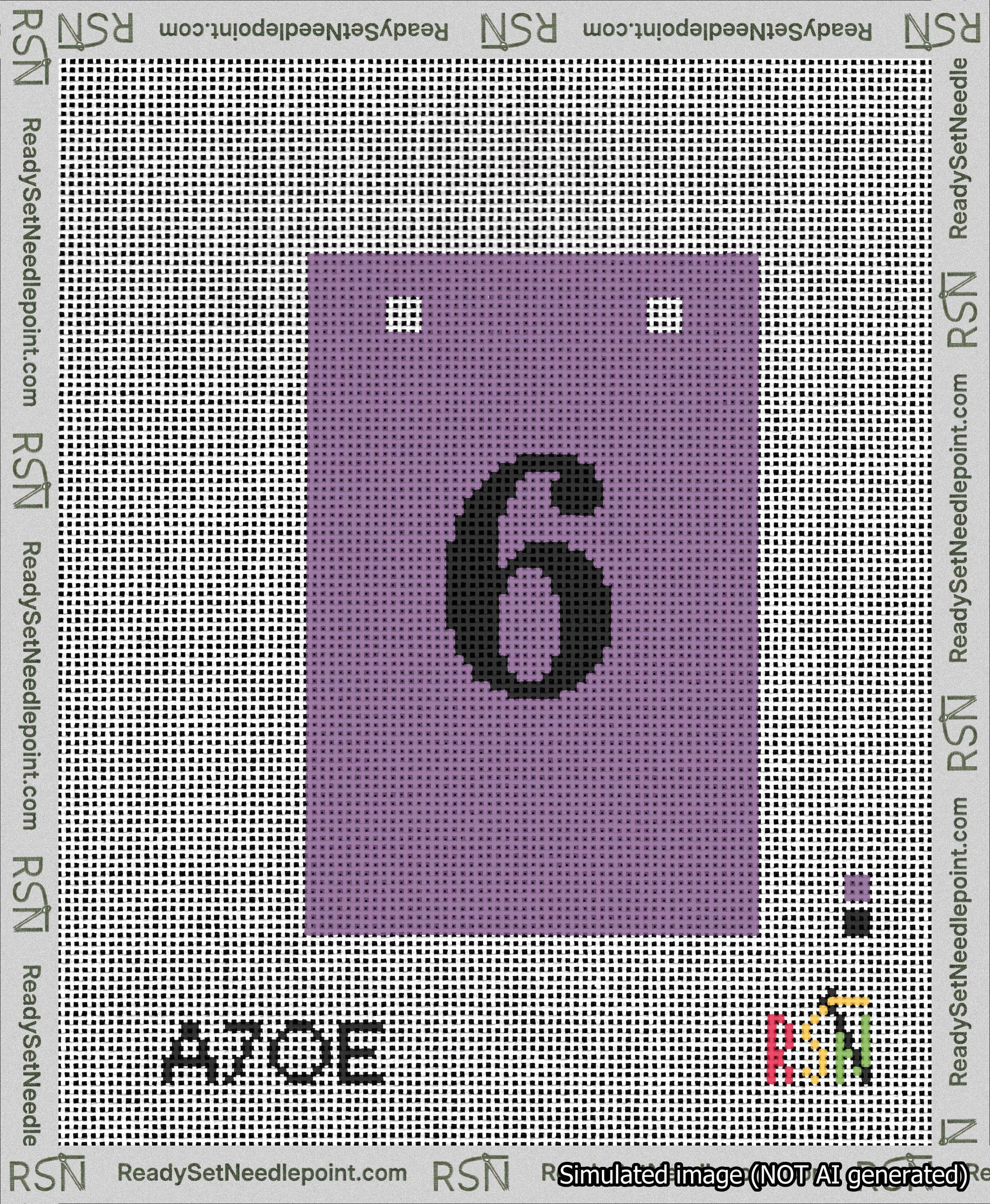 A taped needlepoint canvas with the design: Banner 13 mesh count Squared 6 Black on Purple.