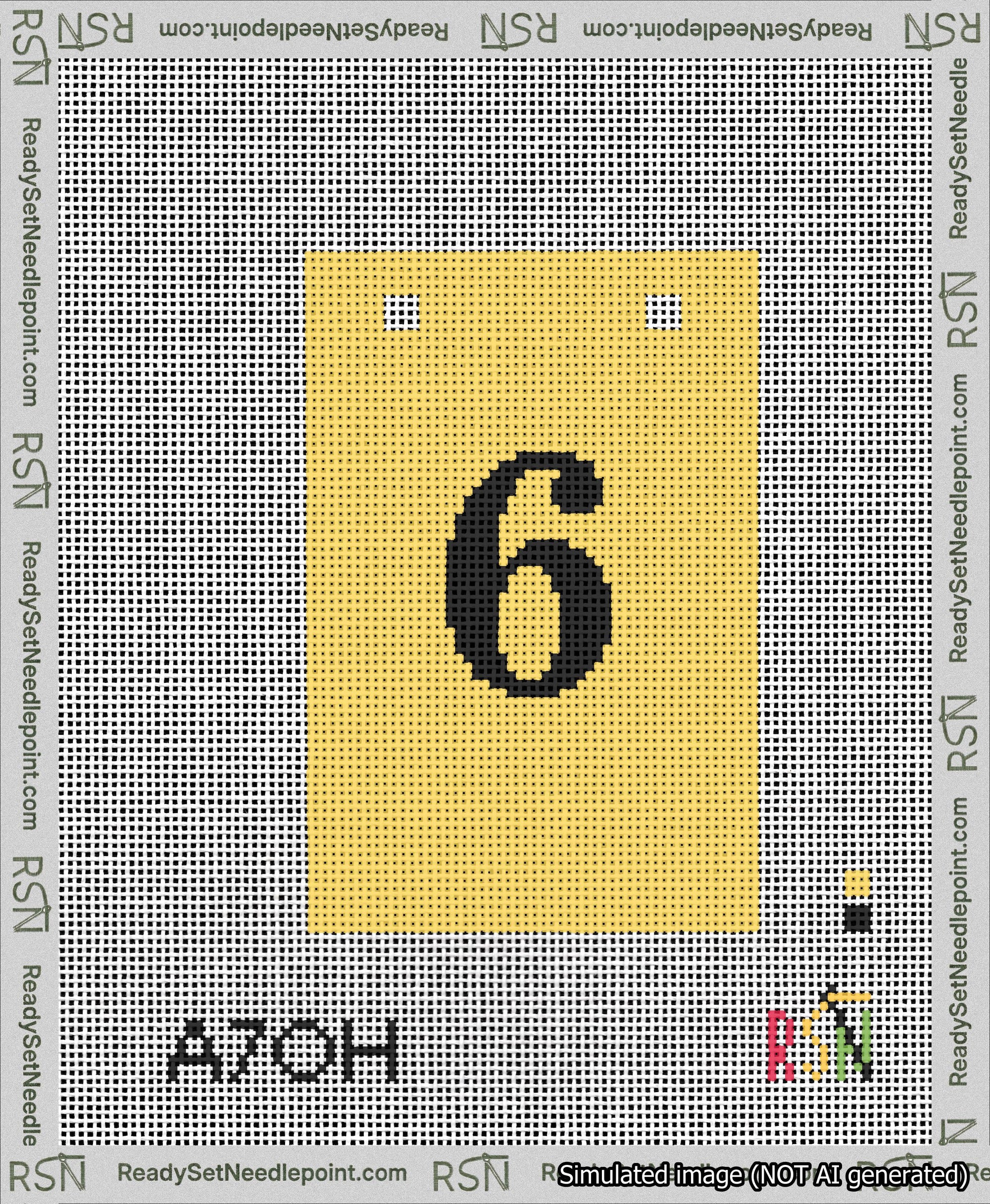 A taped needlepoint canvas with the design: Banner 13 mesh count Squared 6 Black on Yellow.