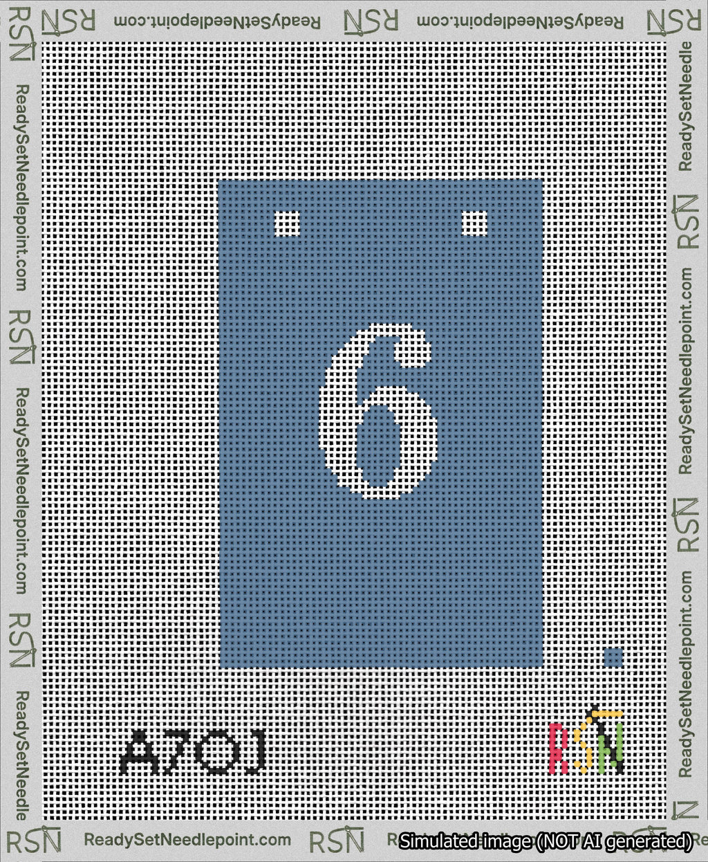 A taped needlepoint canvas with the design: Banner 13 mesh count Squared 6 White on Blue.