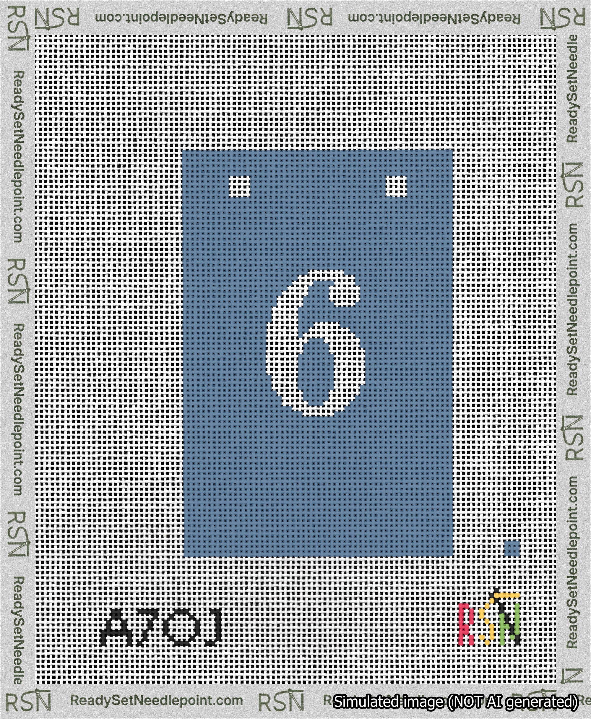 A taped needlepoint canvas with the design: Banner 13 mesh count Squared 6 White on Blue.