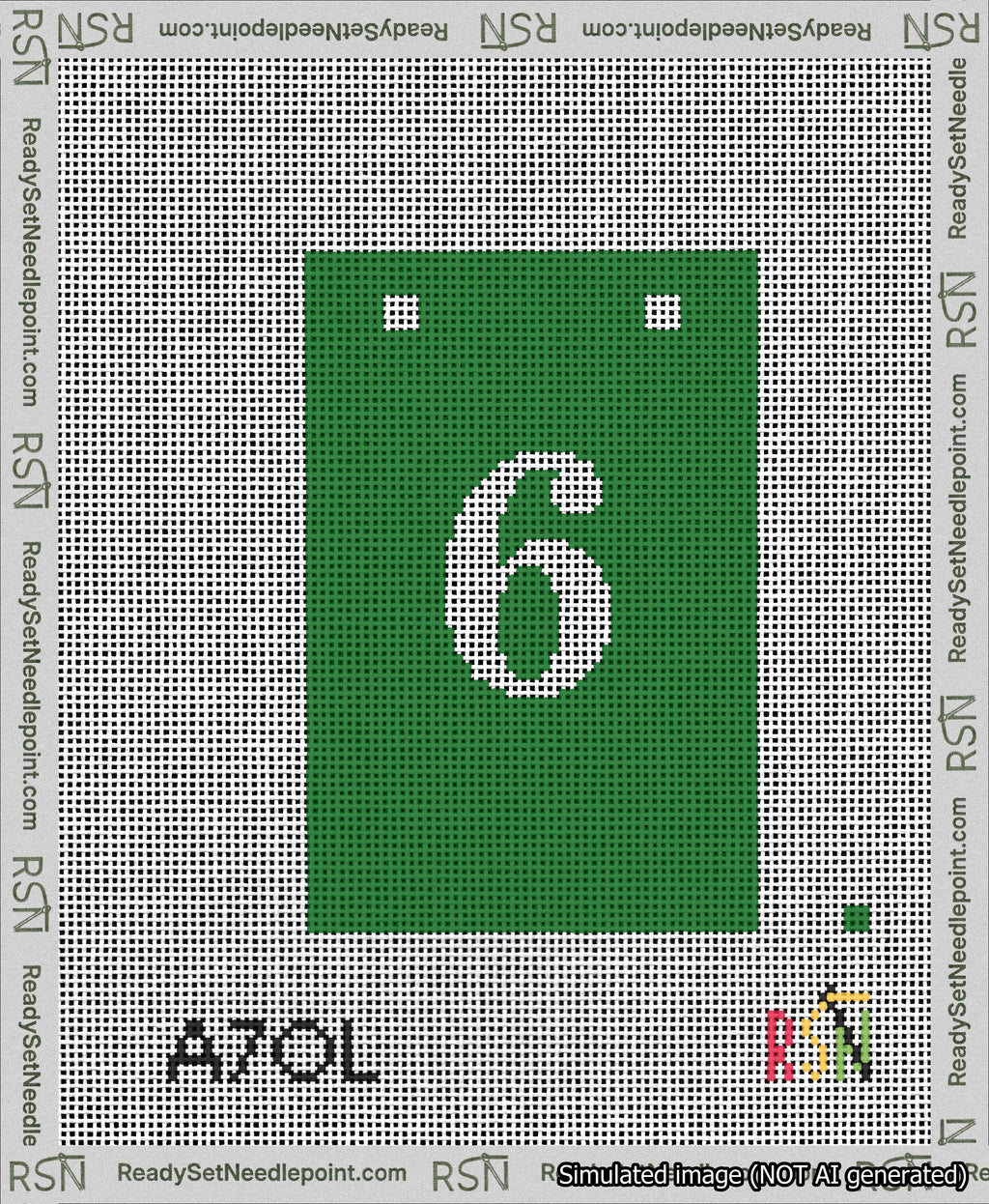 A taped needlepoint canvas with the design: Banner 13 mesh count Squared 6 White on Green.