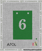 A taped needlepoint canvas with the design: Banner 13 mesh count Squared 6 White on Green.