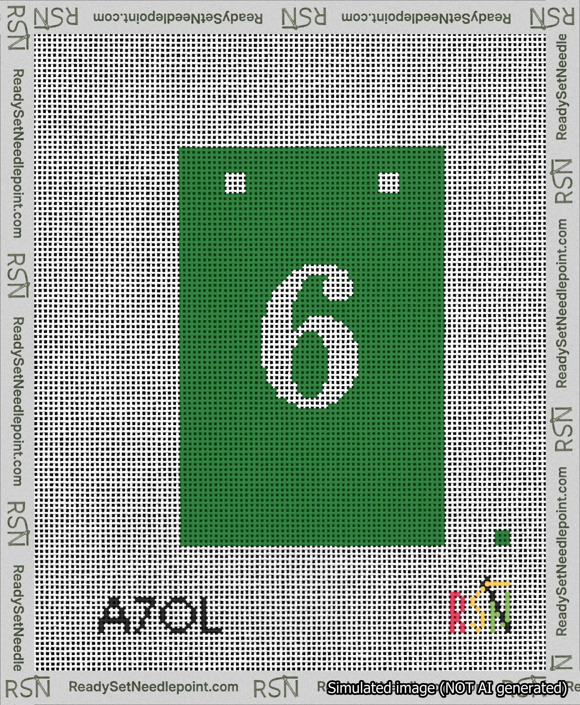 A taped needlepoint canvas with the design: Banner 13 mesh count Squared 6 White on Green.