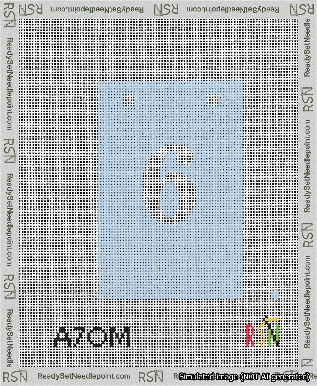 A taped needlepoint canvas with the design: Banner 13 mesh count Squared 6 White on Light Blue.