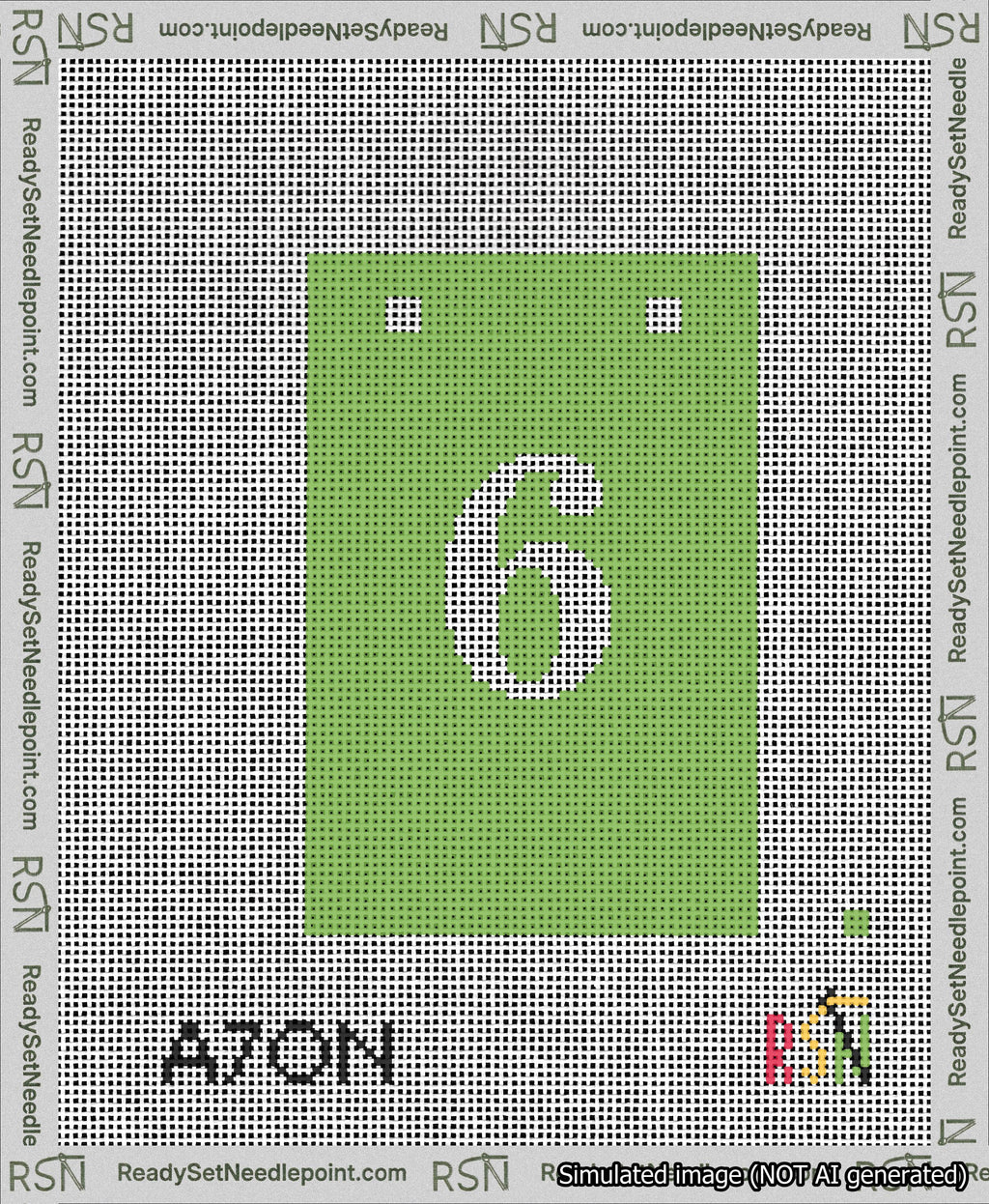 A taped needlepoint canvas with the design: Banner 13 mesh count Squared 6 White on Light Green.