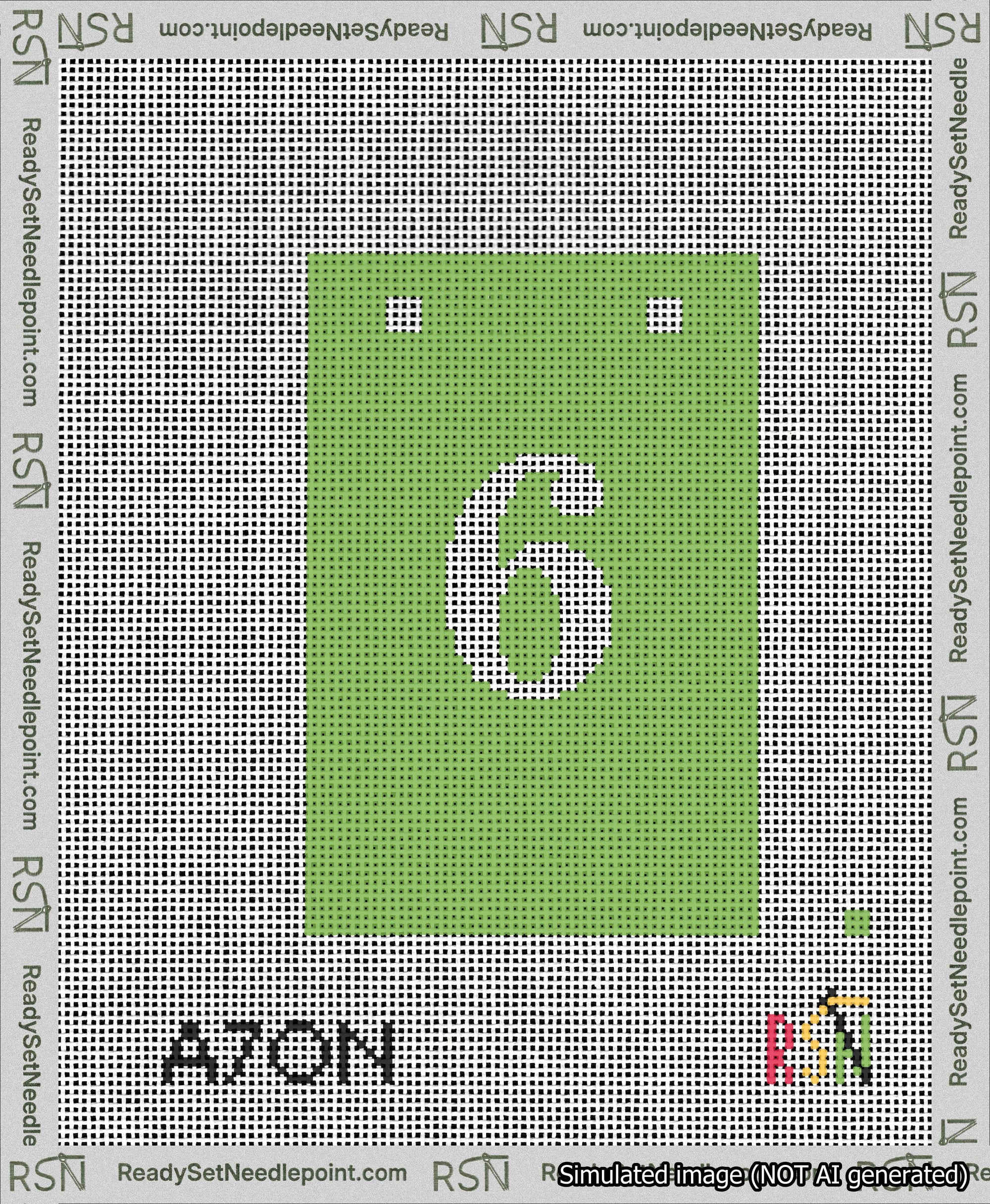 A taped needlepoint canvas with the design: Banner 13 mesh count Squared 6 White on Light Green.