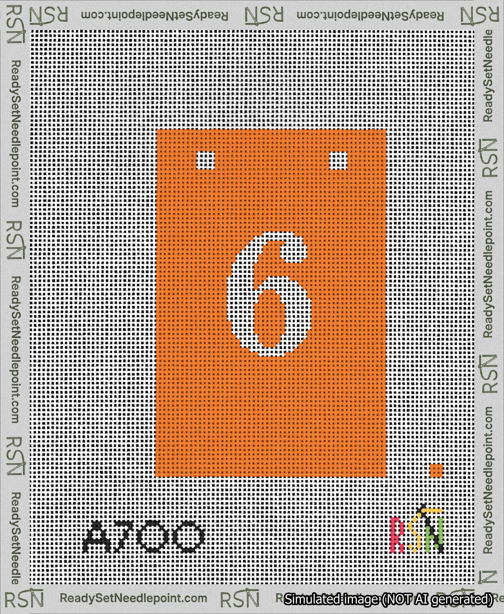 A taped needlepoint canvas with the design: Banner 13 mesh count Squared 6 White on Orange.