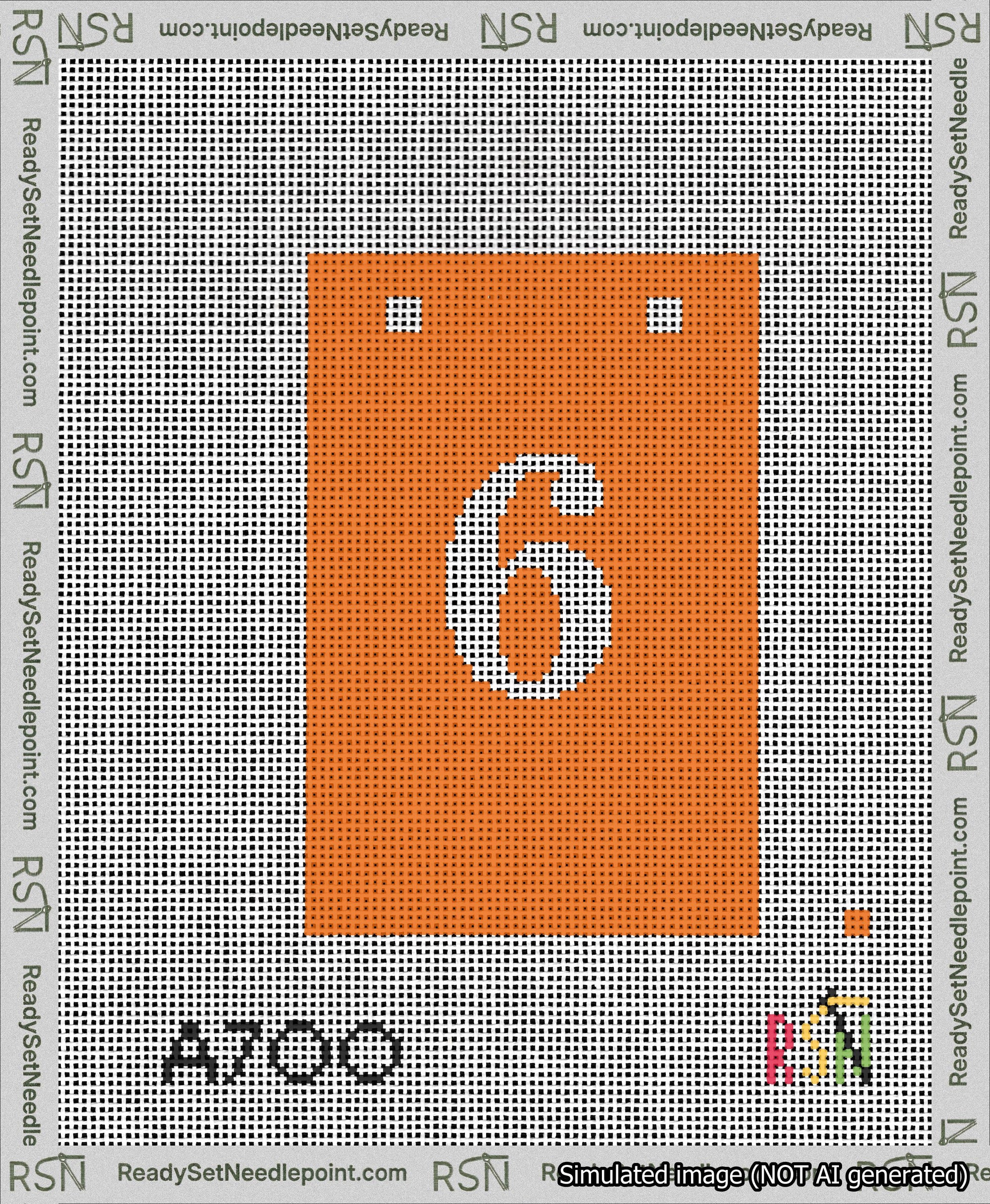 A taped needlepoint canvas with the design: Banner 13 mesh count Squared 6 White on Orange.