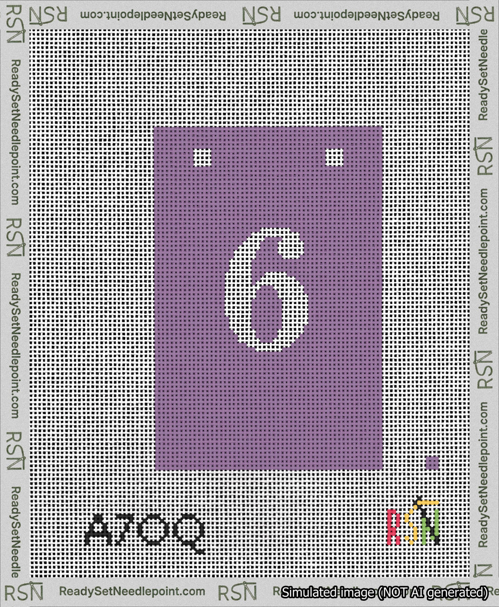 A taped needlepoint canvas with the design: Banner 13 mesh count Squared 6 White on Purple.