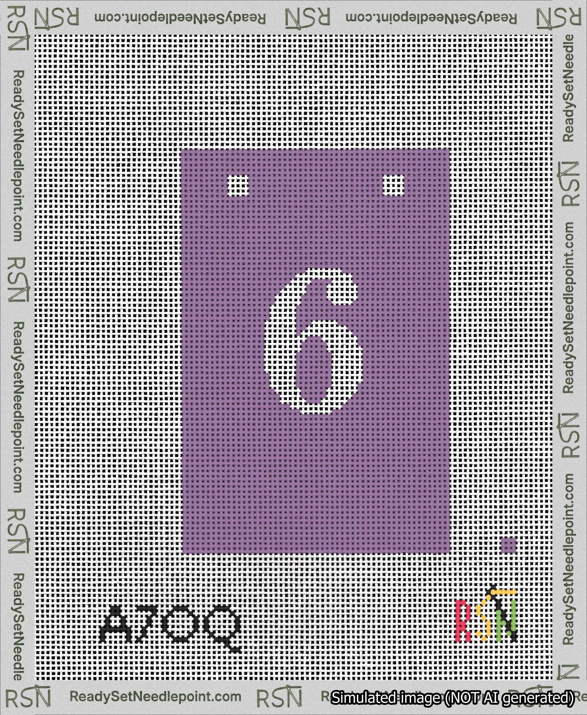 A taped needlepoint canvas with the design: Banner 13 mesh count Squared 6 White on Purple.