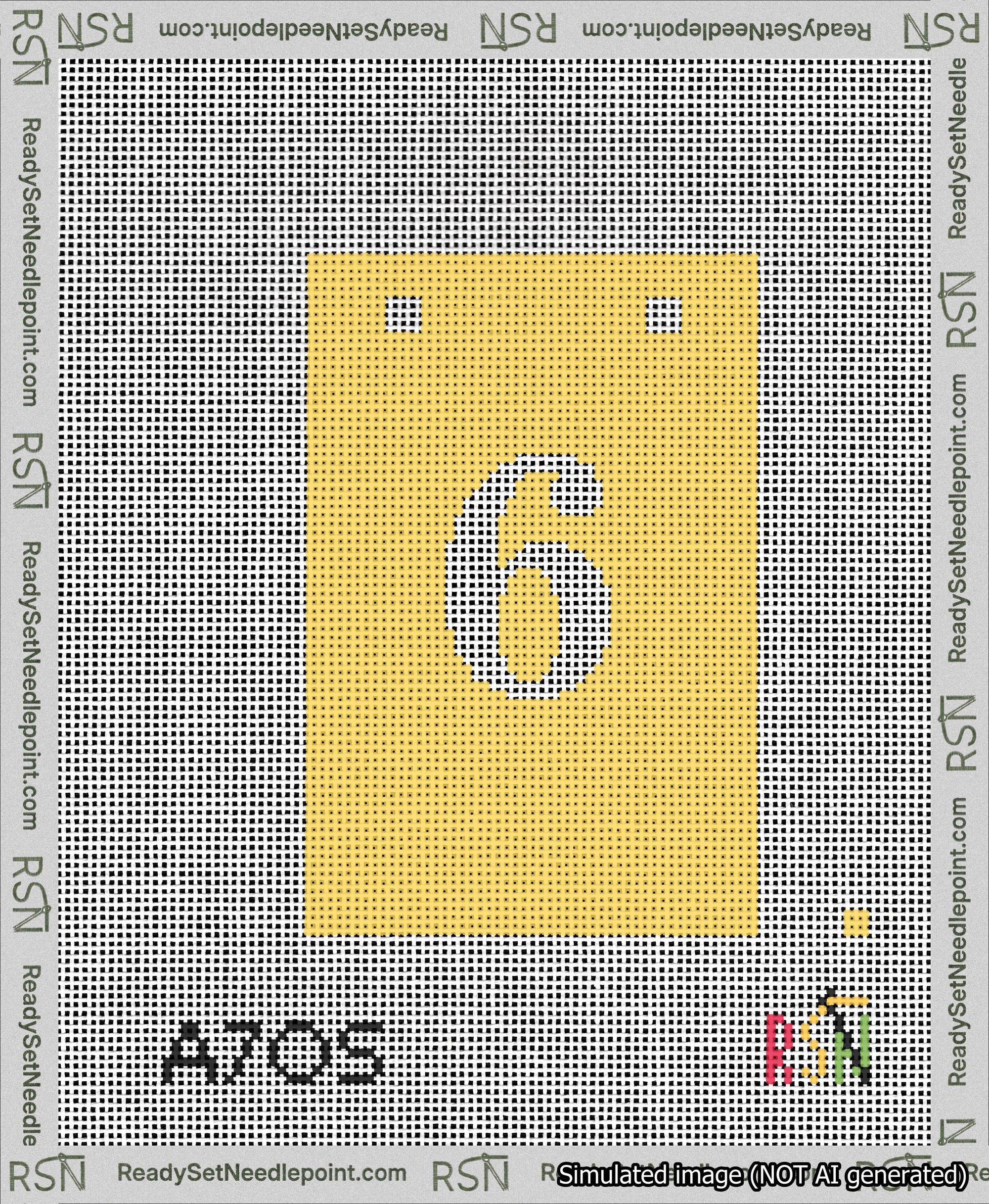 A taped needlepoint canvas with the design: Banner 13 mesh count Squared 6 White on Yellow.