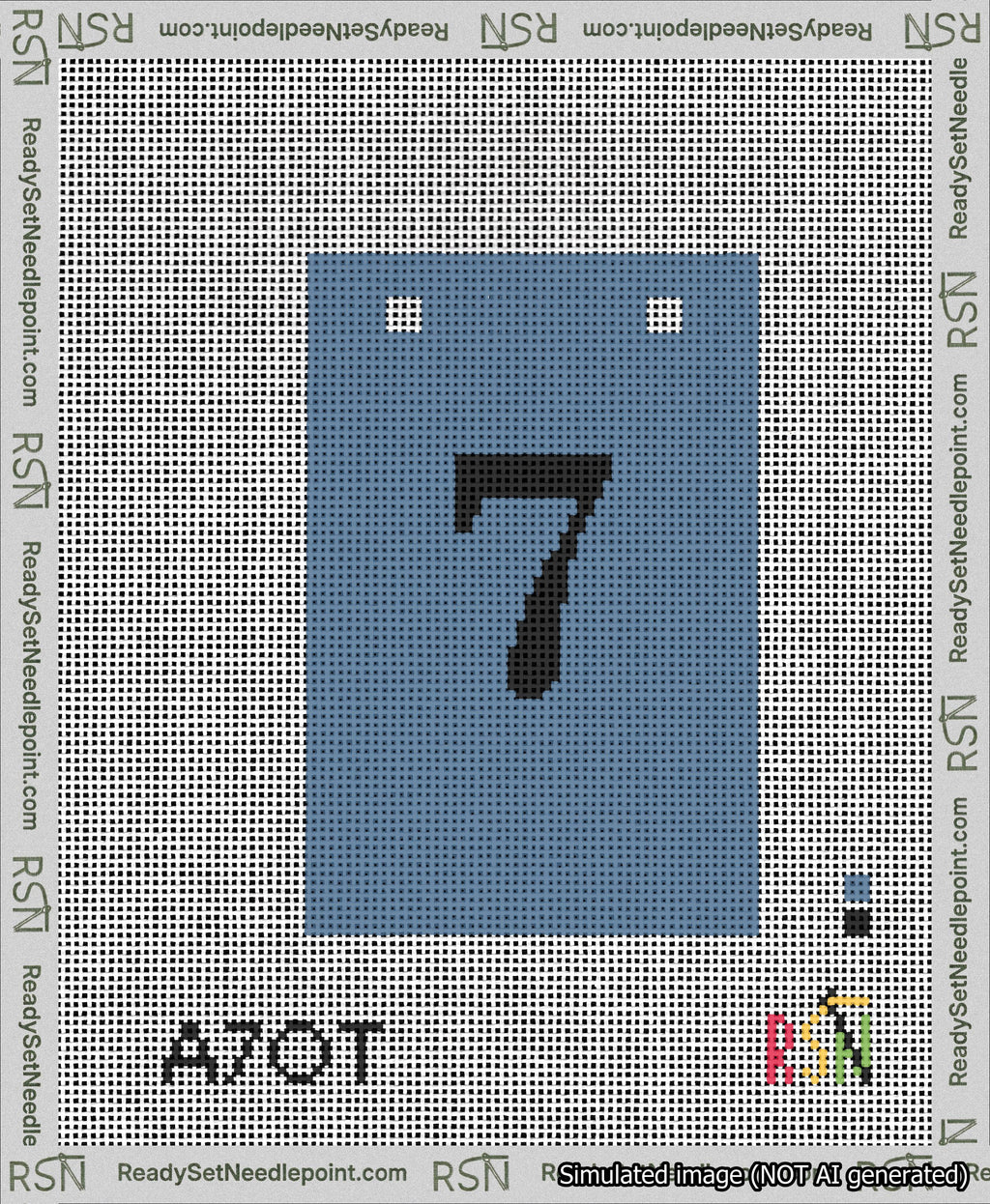 A taped needlepoint canvas with the design: Banner 13 mesh count Squared 7 Black on Blue.