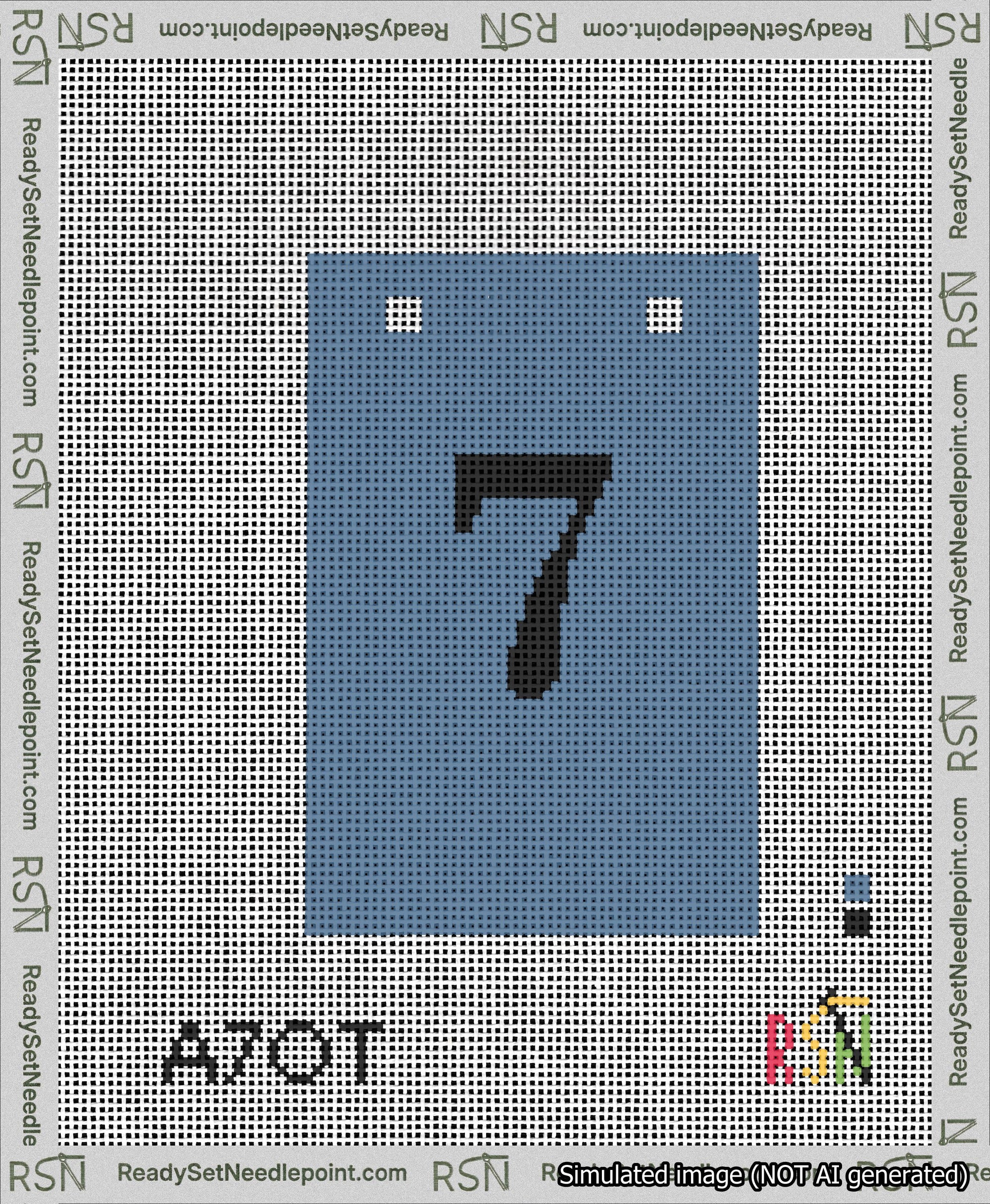 A taped needlepoint canvas with the design: Banner 13 mesh count Squared 7 Black on Blue.