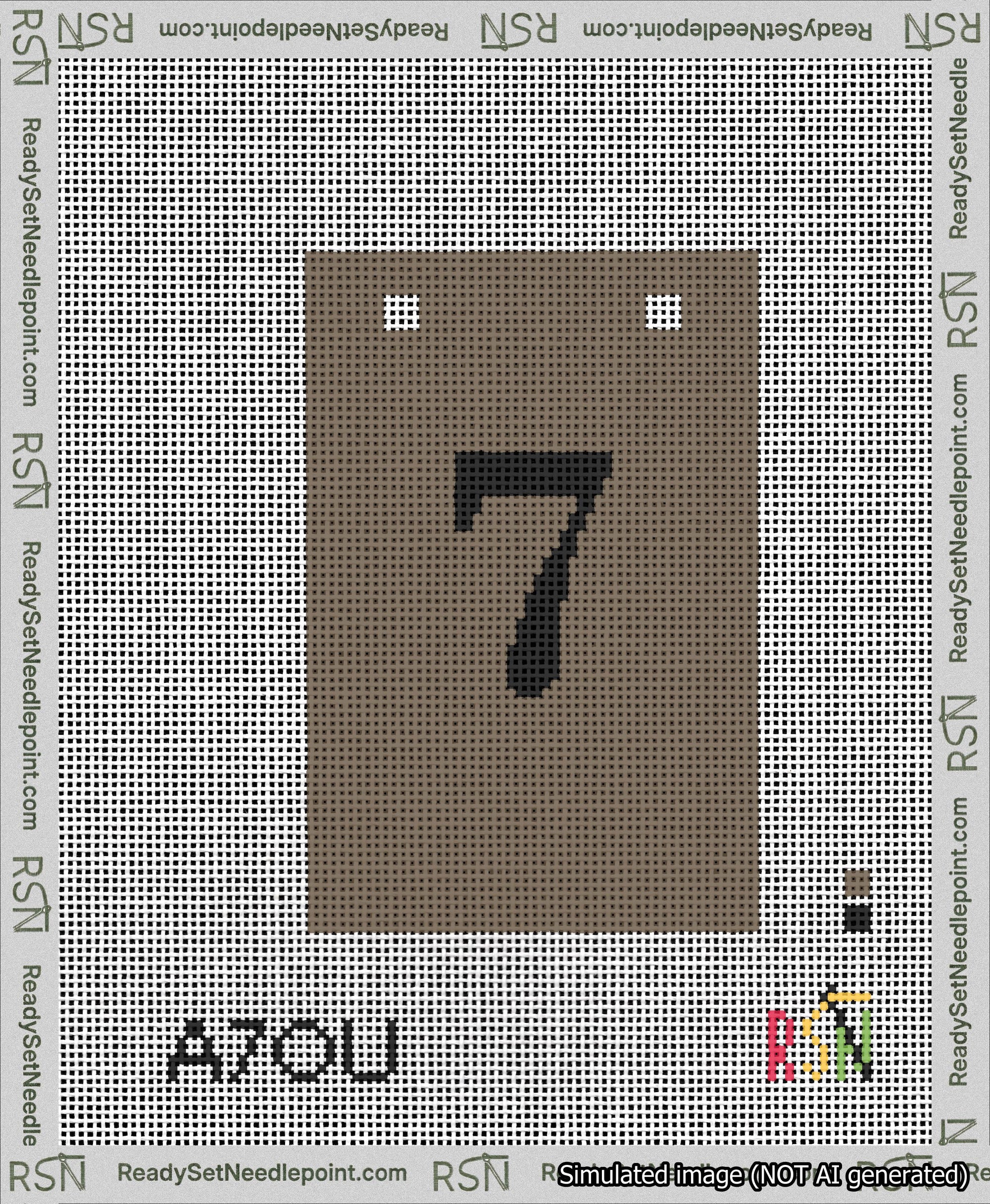 A taped needlepoint canvas with the design: Banner 13 mesh count Squared 7 Black on Brown.