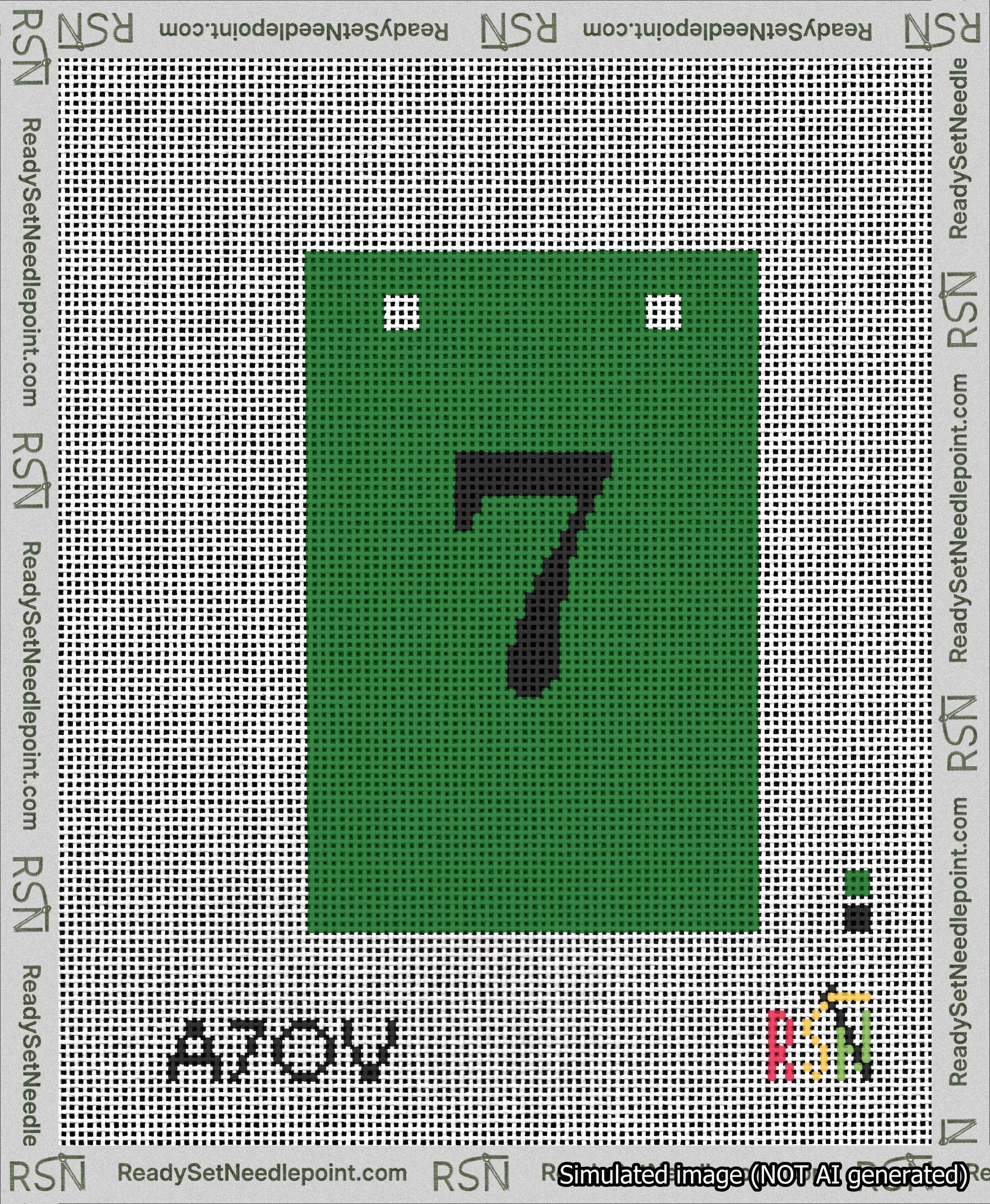 A taped needlepoint canvas with the design: Banner 13 mesh count Squared 7 Black on Green.