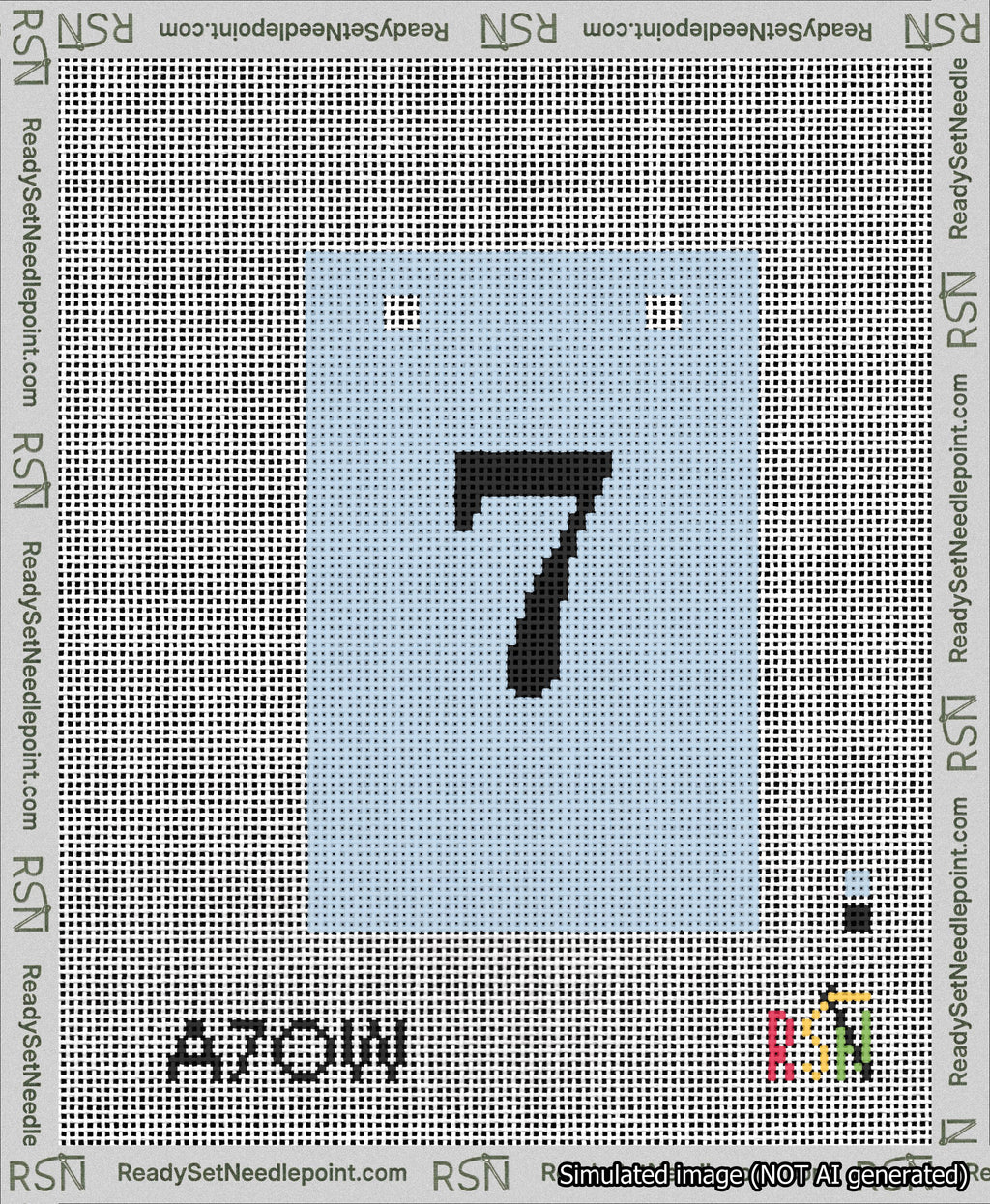 A taped needlepoint canvas with the design: Banner 13 mesh count Squared 7 Black on Light Blue.
