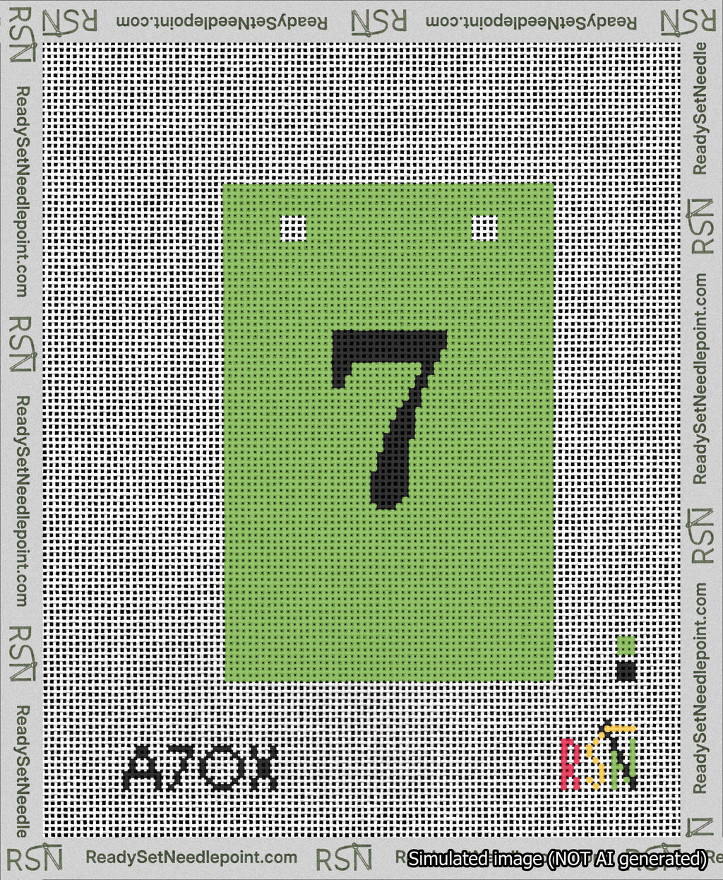 A taped needlepoint canvas with the design: Banner 13 mesh count Squared 7 Black on Light Green.