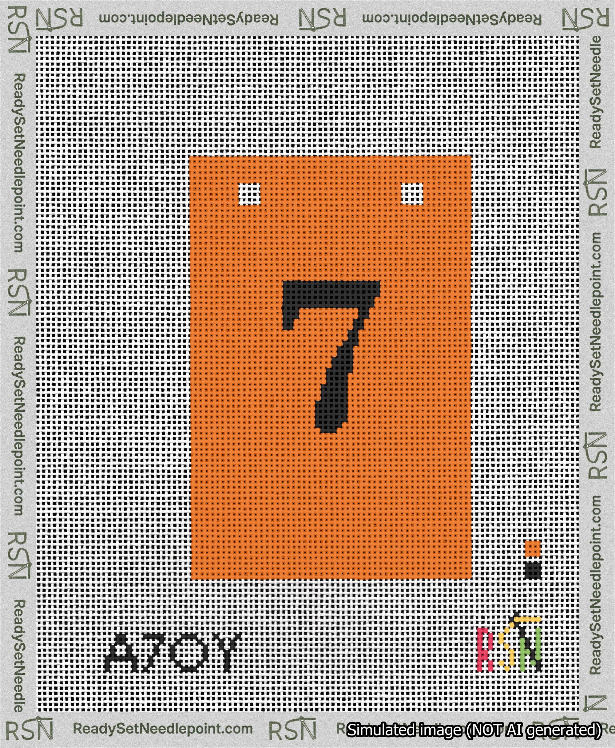 A taped needlepoint canvas with the design: Banner 13 mesh count Squared 7 Black on Orange.
