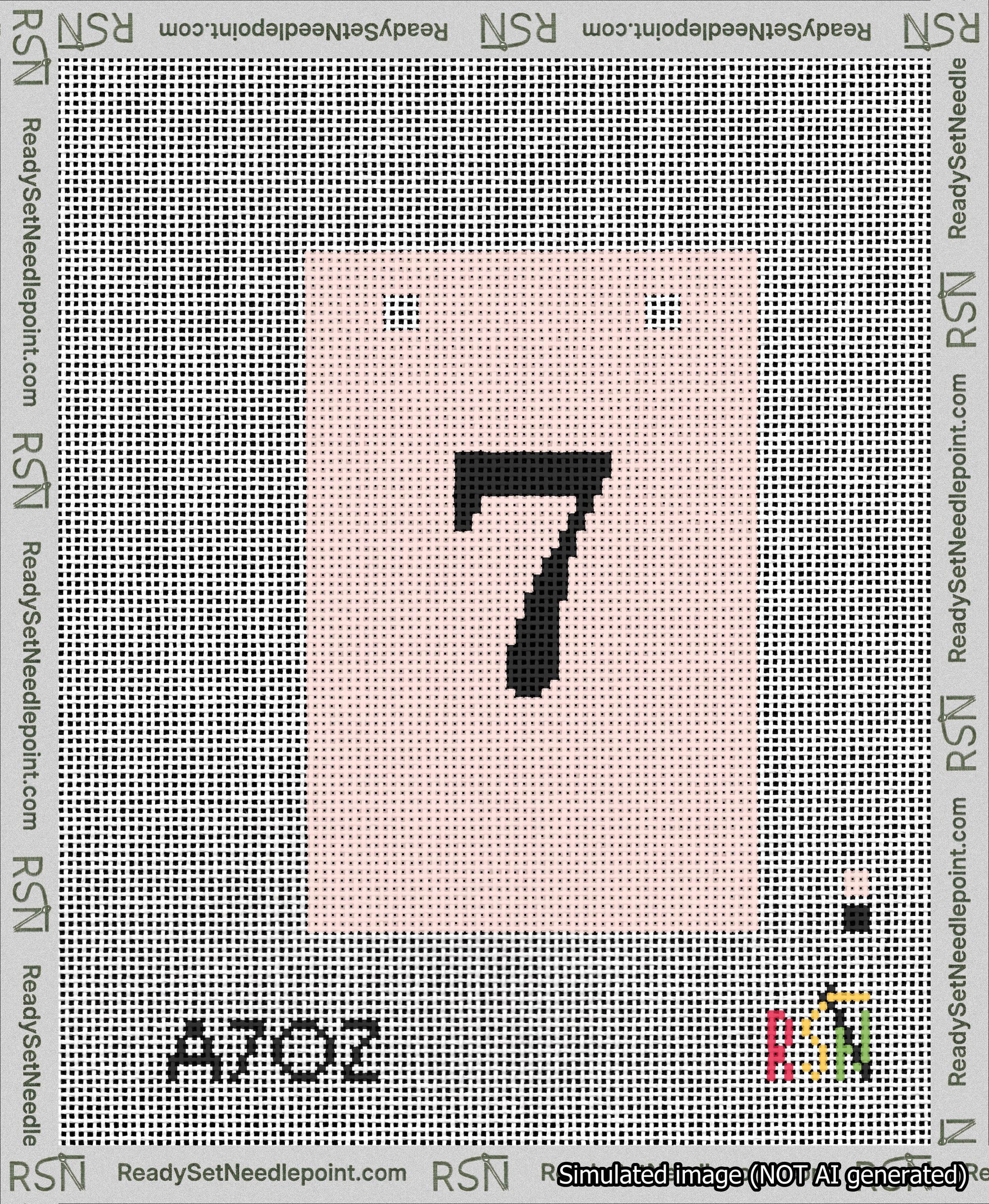 A taped needlepoint canvas with the design: Banner 13 mesh count Squared 7 Black on Pink.