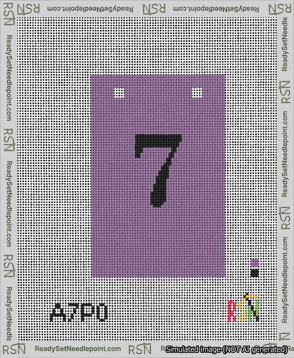 A taped needlepoint canvas with the design: Banner 13 mesh count Squared 7 Black on Purple.