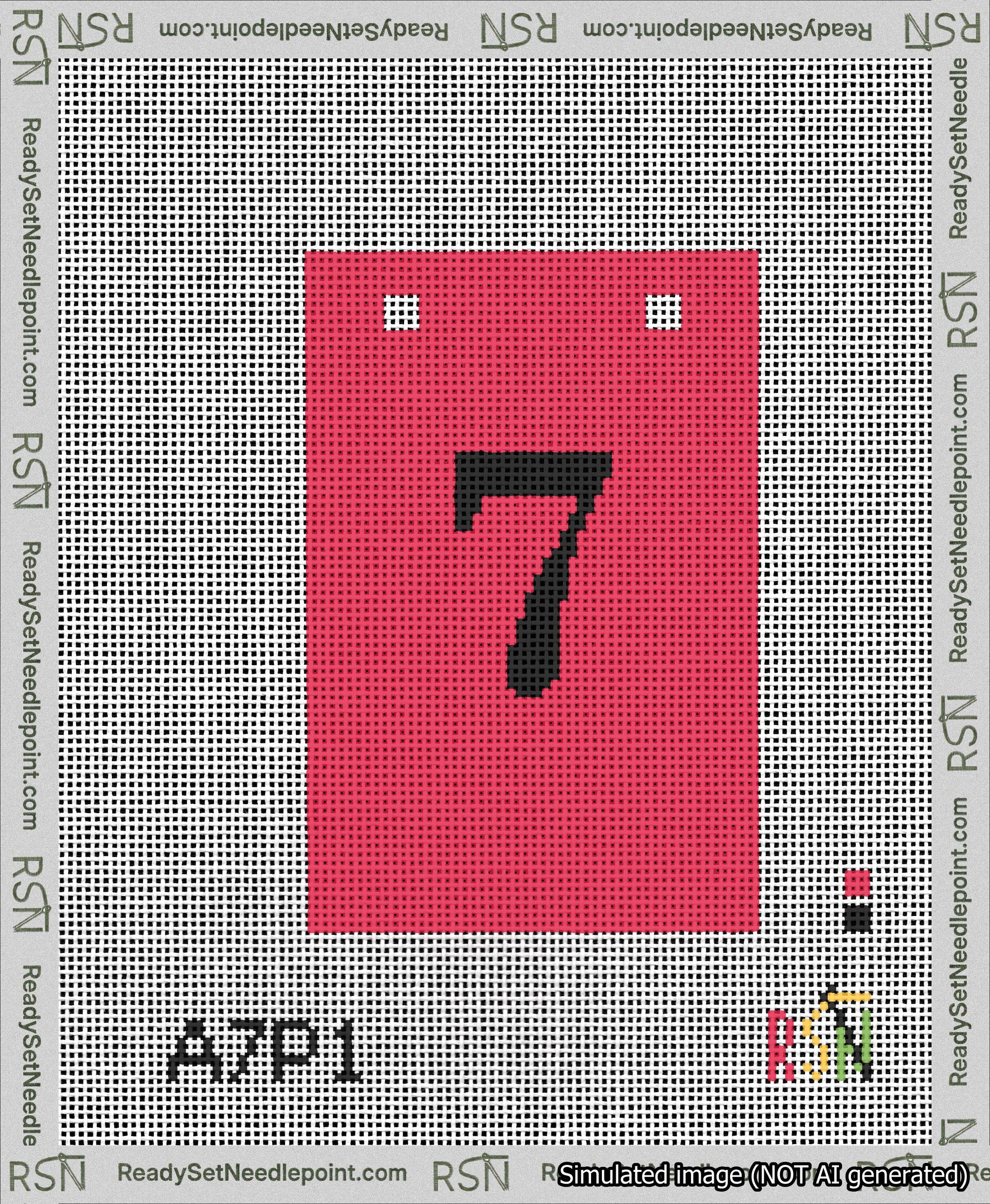 A taped needlepoint canvas with the design: Banner 13 mesh count Squared 7 Black on Red.