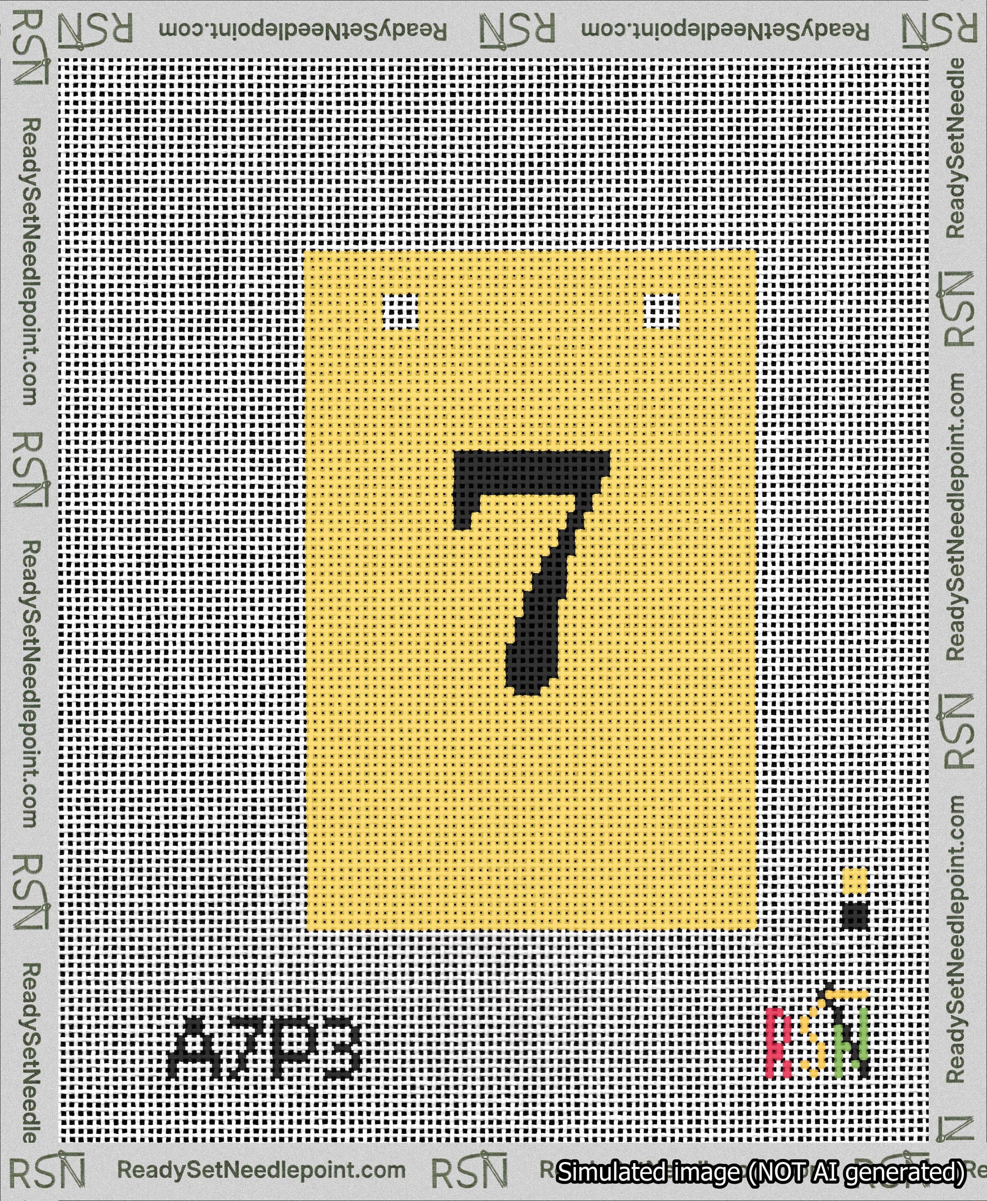 A taped needlepoint canvas with the design: Banner 13 mesh count Squared 7 Black on Yellow.