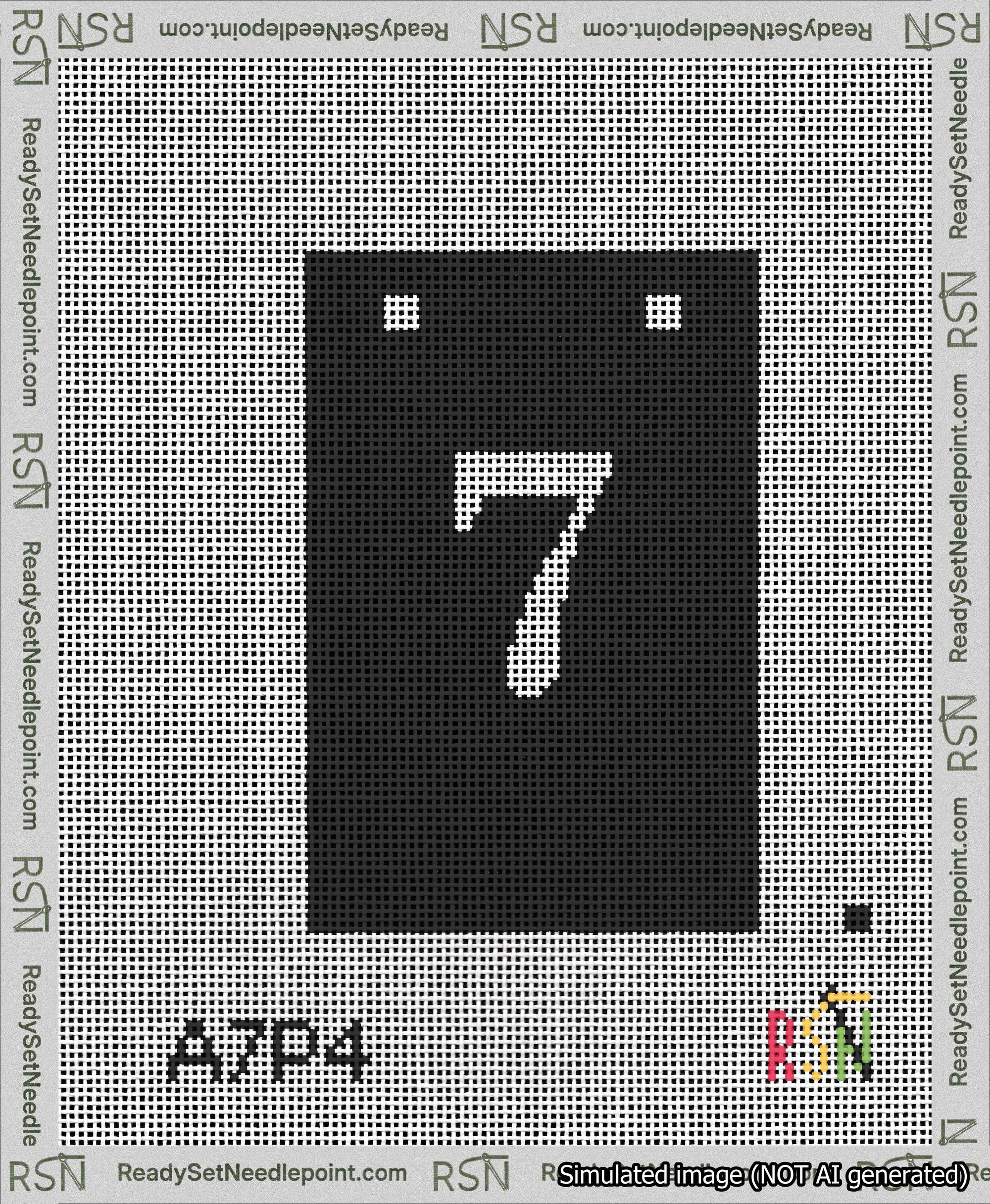 A taped needlepoint canvas with the design: Banner 13 mesh count Squared 7 White on Black.