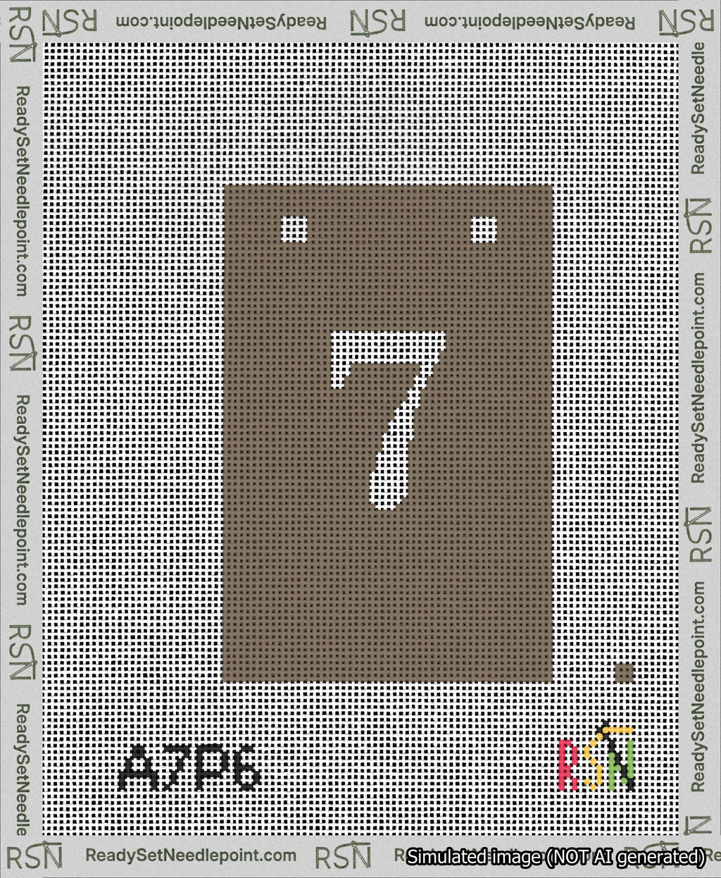 A taped needlepoint canvas with the design: Banner 13 mesh count Squared 7 White on Brown.