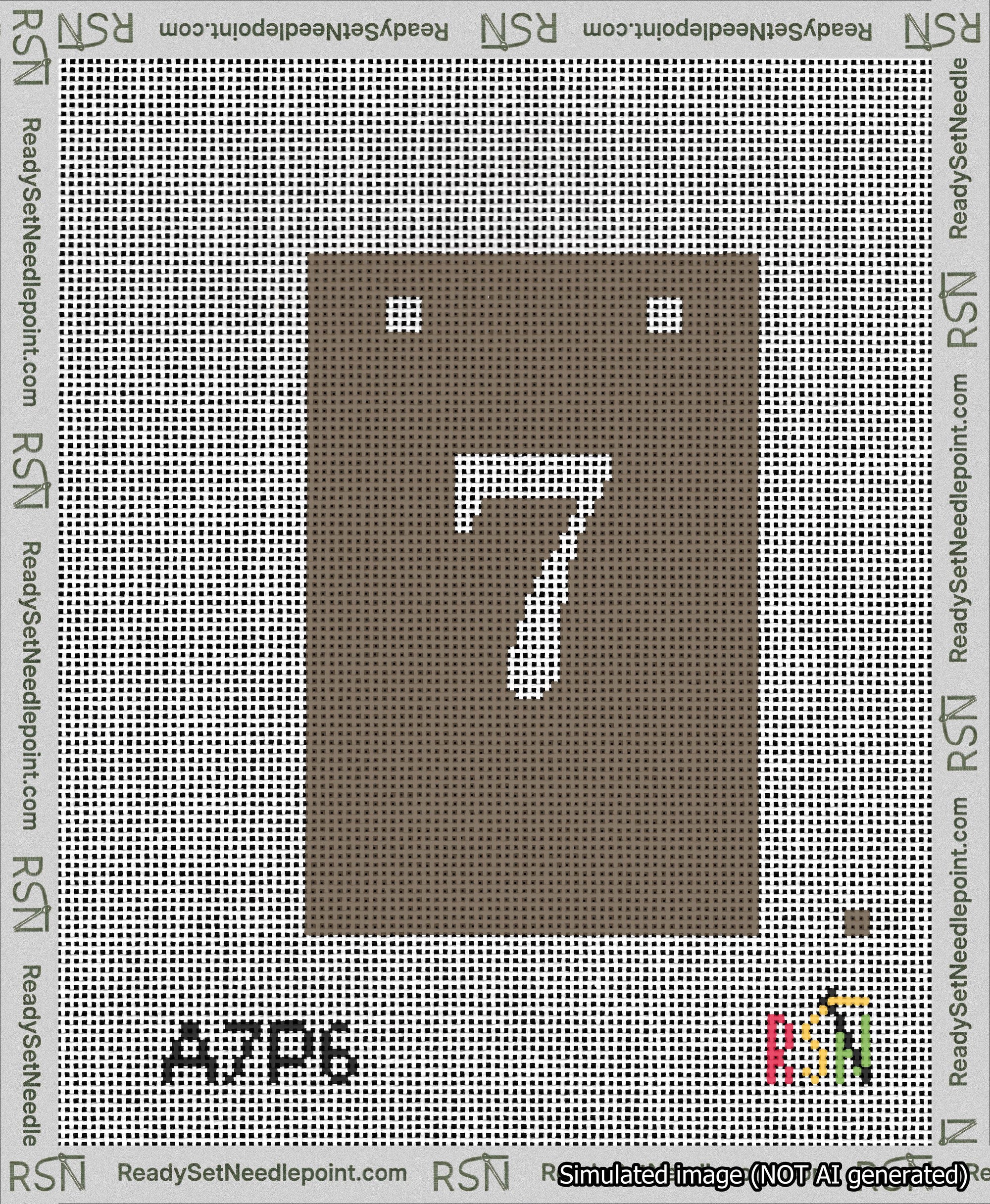 A taped needlepoint canvas with the design: Banner 13 mesh count Squared 7 White on Brown.