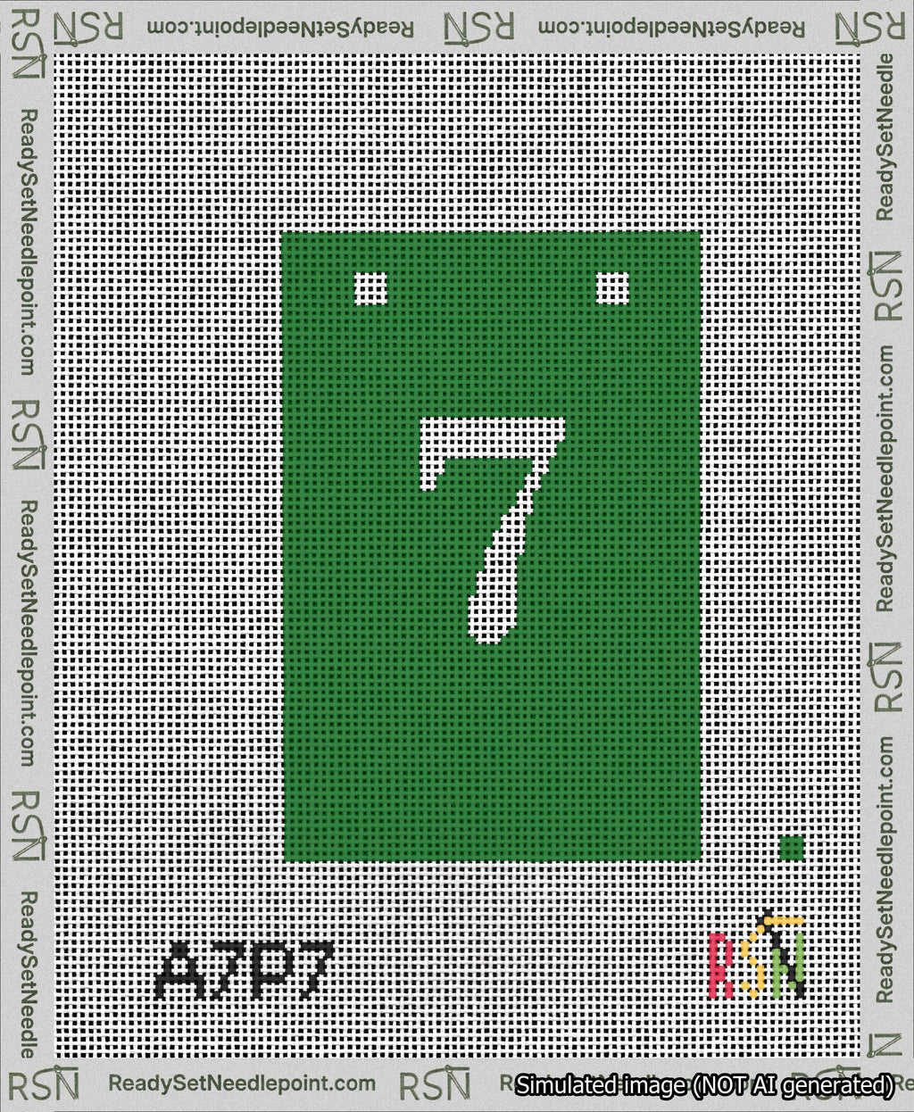 A taped needlepoint canvas with the design: Banner 13 mesh count Squared 7 White on Green.