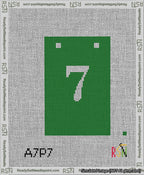 A taped needlepoint canvas with the design: Banner 13 mesh count Squared 7 White on Green.