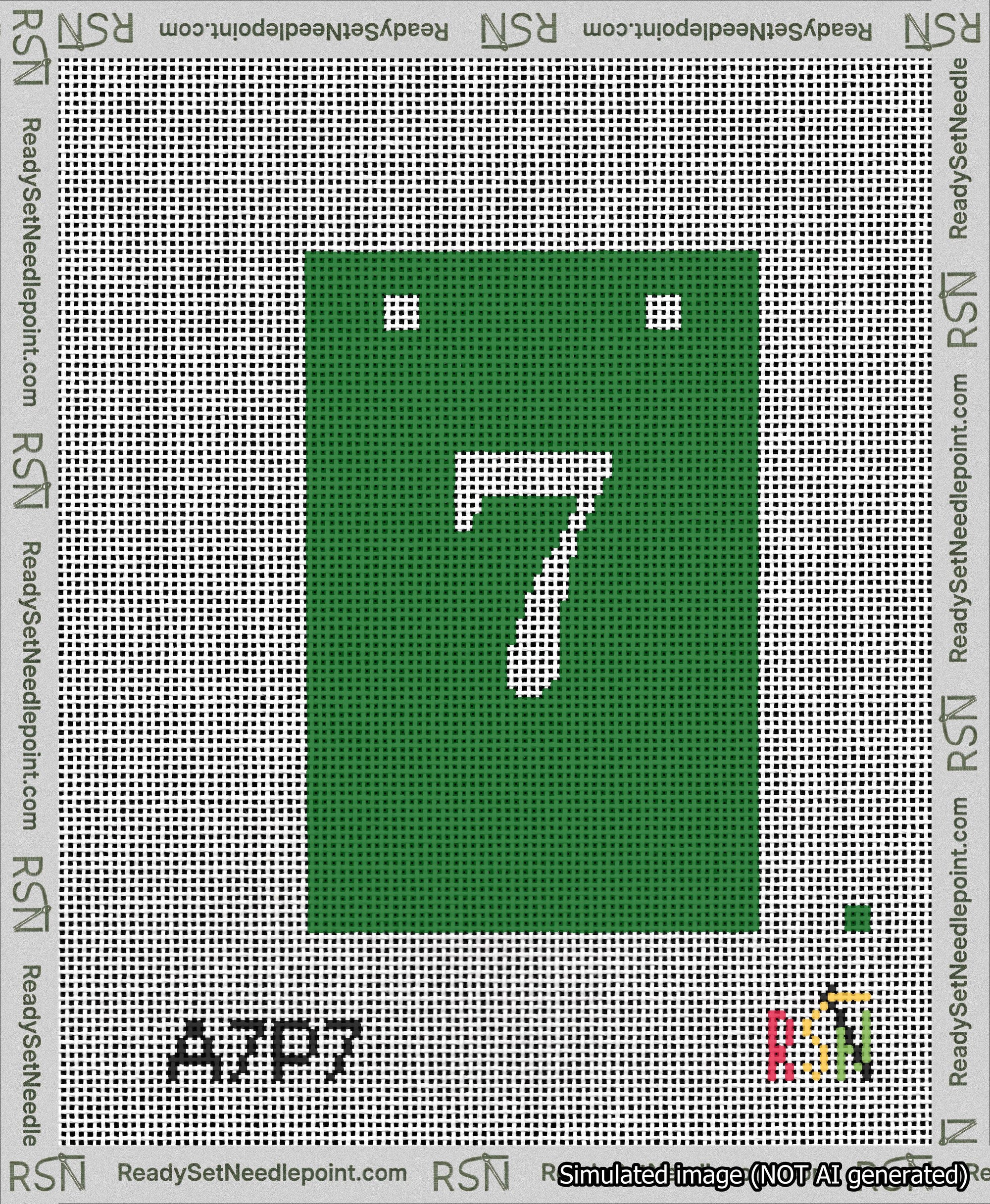 A taped needlepoint canvas with the design: Banner 13 mesh count Squared 7 White on Green.